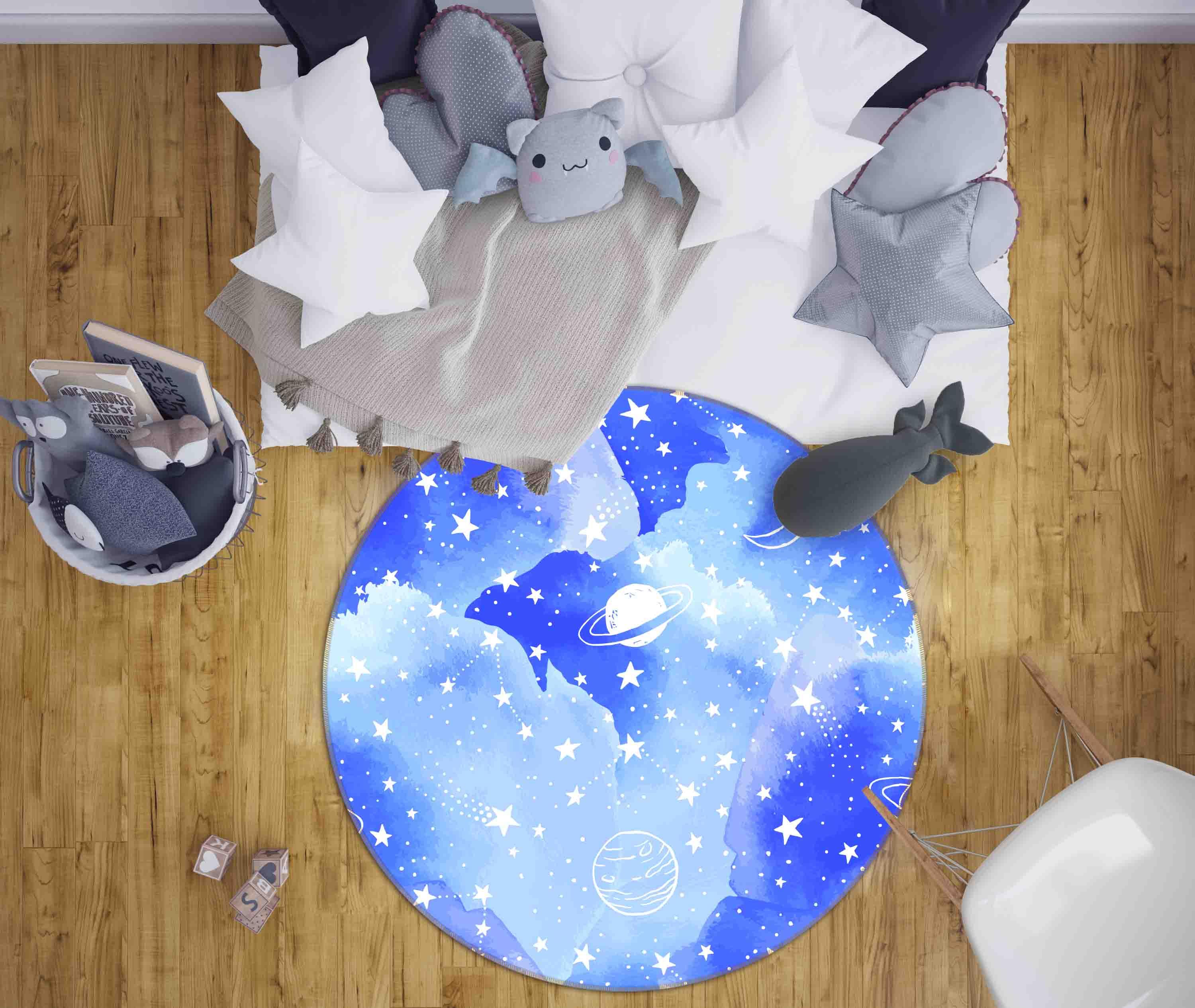 3D Cartoon Blue Starry Planet Kids Non-Slip Round Rug Mat 67- Jess Art Decoration