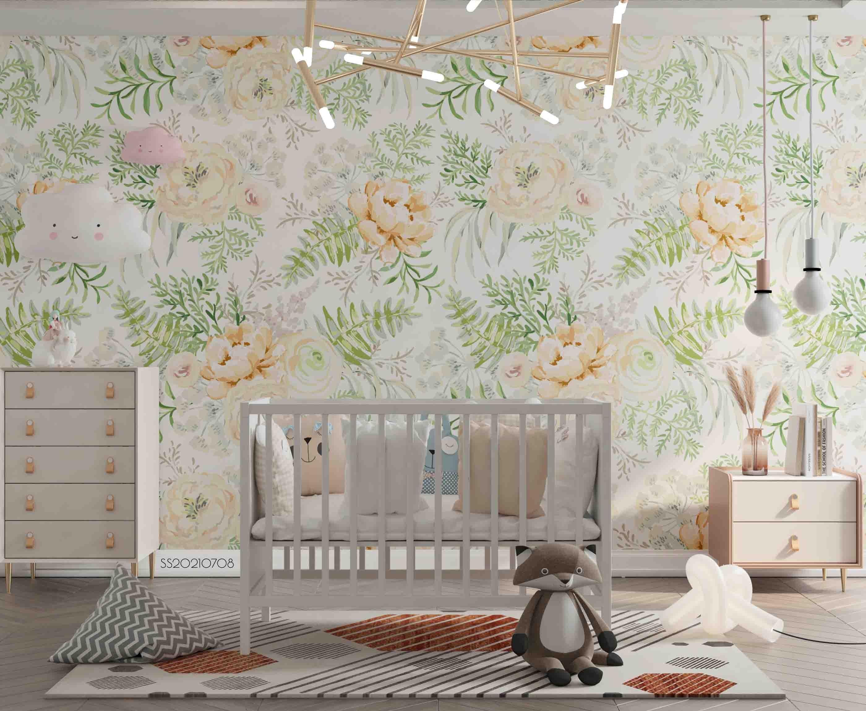 3D Hand Drawn Golden Floral Green Leaf Wall Mural Wallpaper LQH 53- Jess Art Decoration