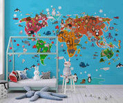 3D Cartoon Blue World Animal Map Wall Mural Wallpaper LQH 256- Jess Art Decoration