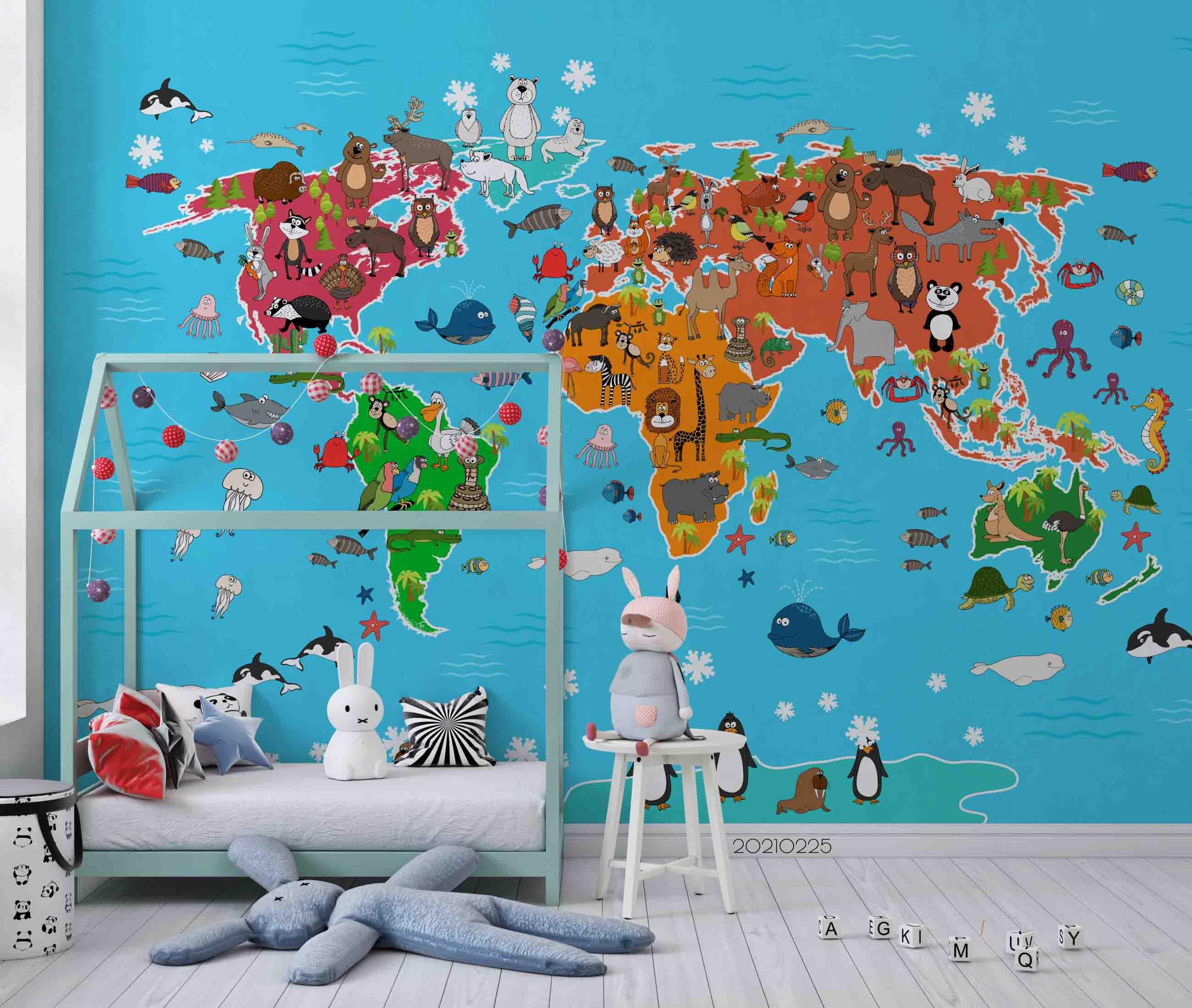 3D Cartoon Blue World Animal Map Wall Mural Wallpaper LQH 256- Jess Art Decoration