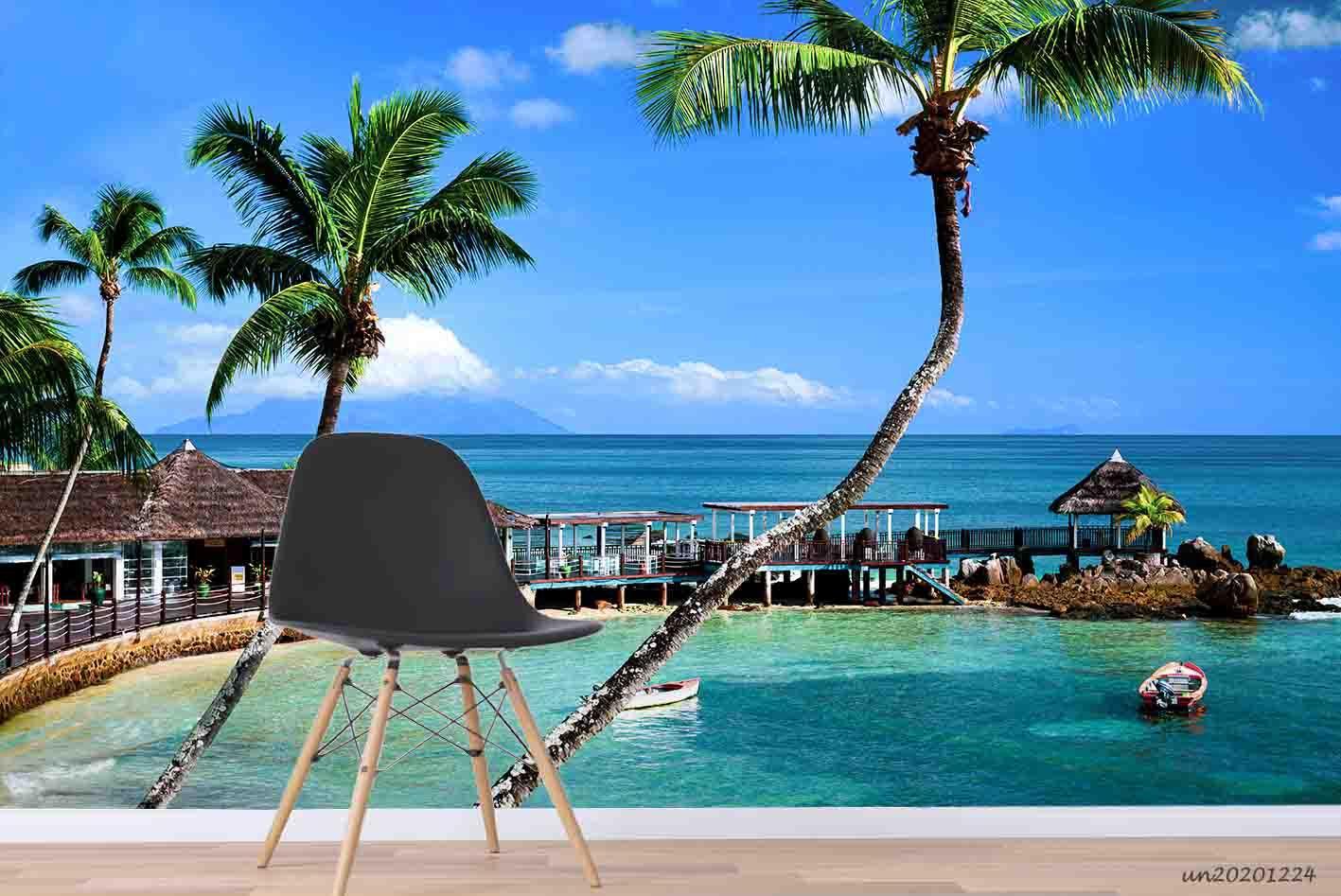 3D Blue Sky Sea Coconut Tree Wall Mural Wallpaper LQH 28- Jess Art Decoration