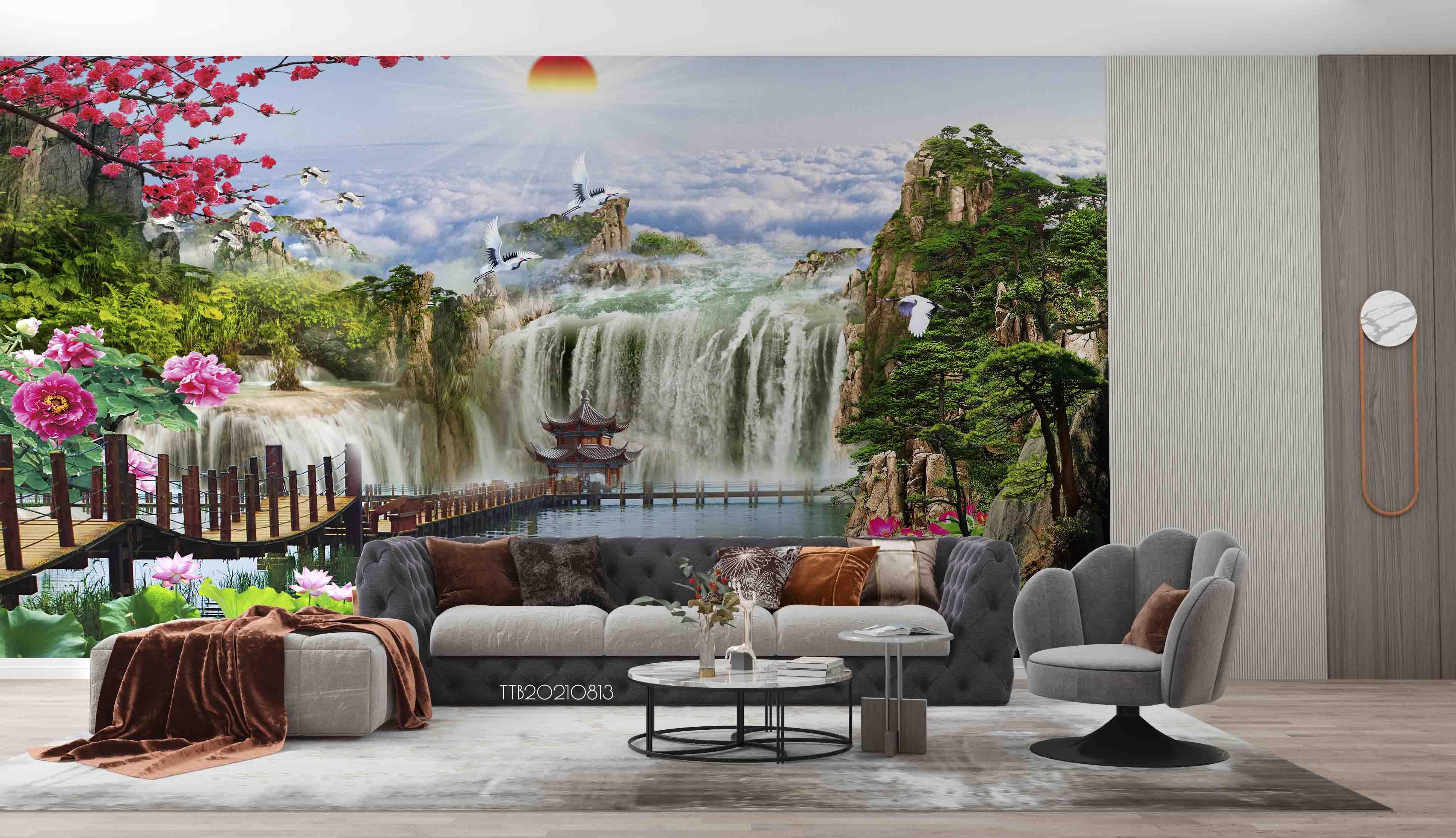 3D Chinese Style Landscape Painting Waterfall Wall Mural WallpaperSWW5100- Jess Art Decoration