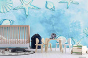 3D Watercolor Blue Starfish Shell Wall Mural Wallpaper LQH 4- Jess Art Decoration