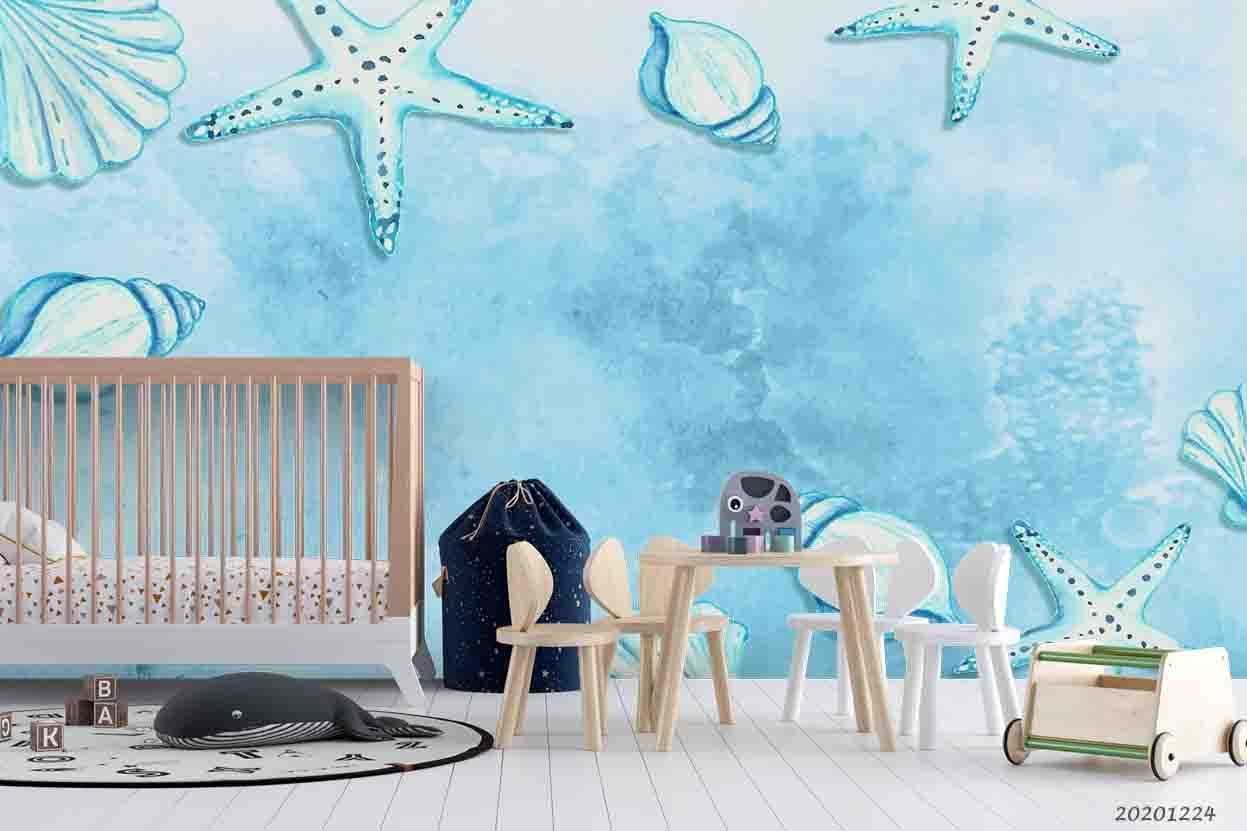 3D Watercolor Blue Starfish Shell Wall Mural Wallpaper LQH 4- Jess Art Decoration