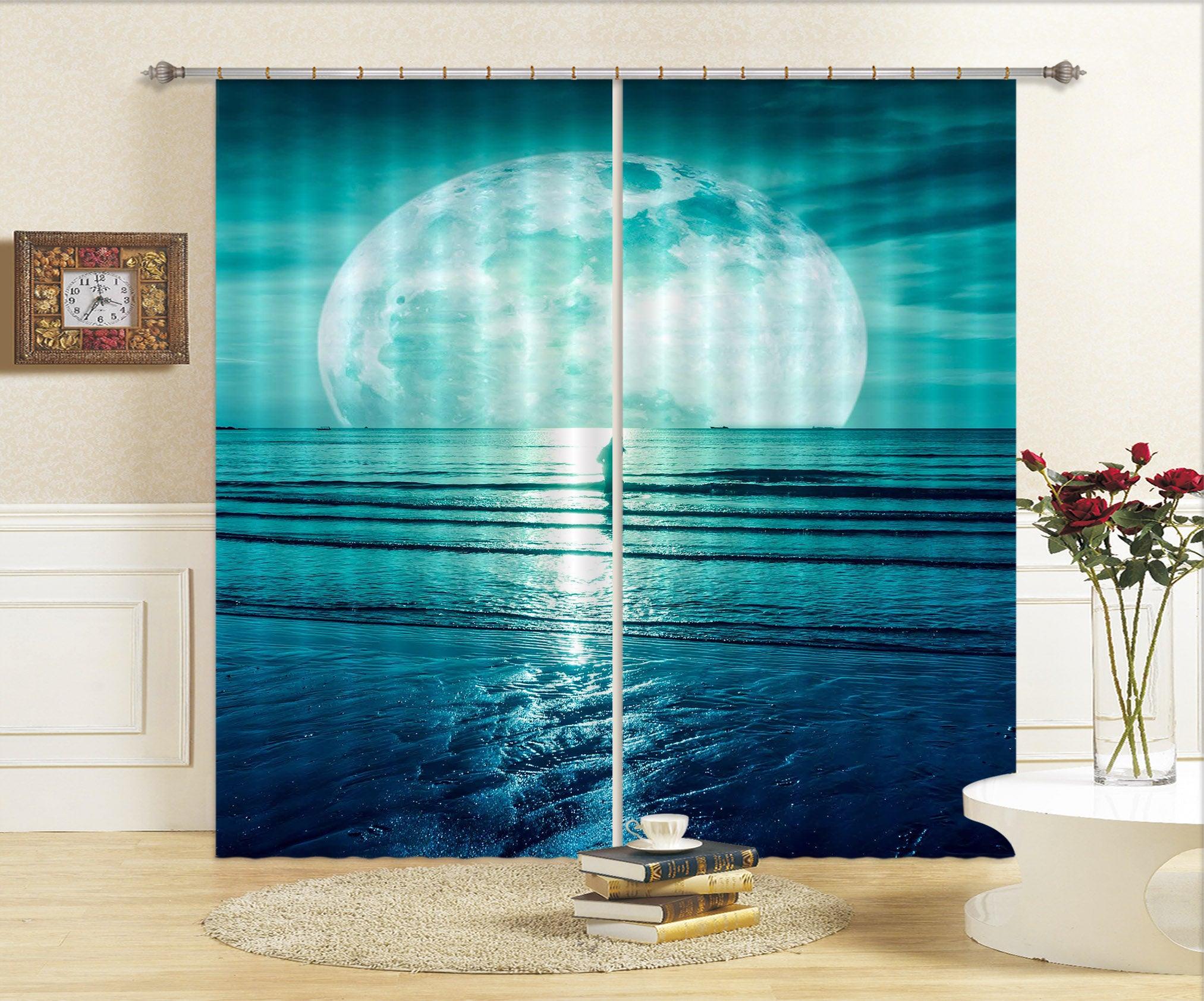 3D Green Moon Night Sea Curtains and Drapes SF91- Jess Art Decoration