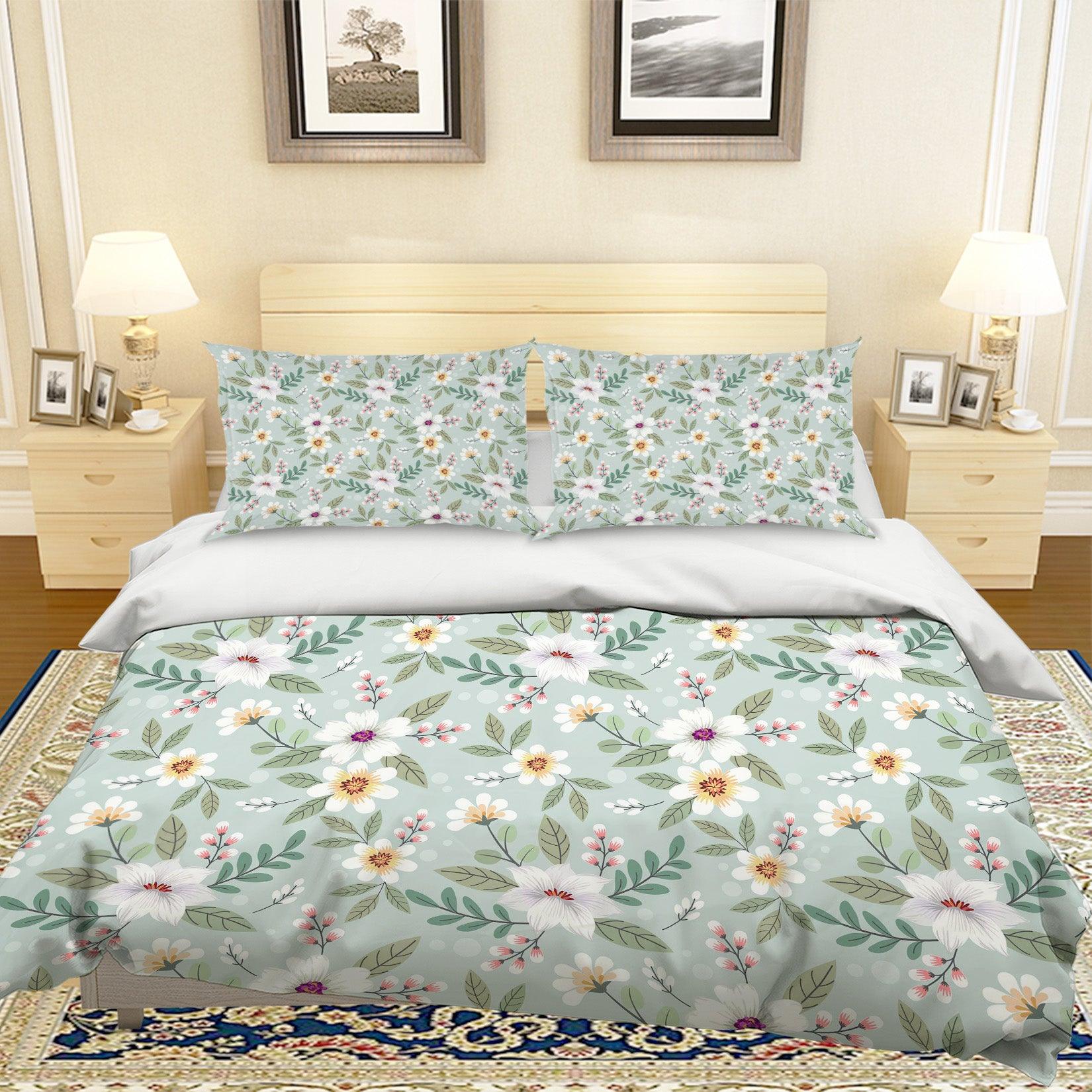 3D White Flowers Green Leaves Quilt Cover Set Bedding Set Pillowcases 16- Jess Art Decoration