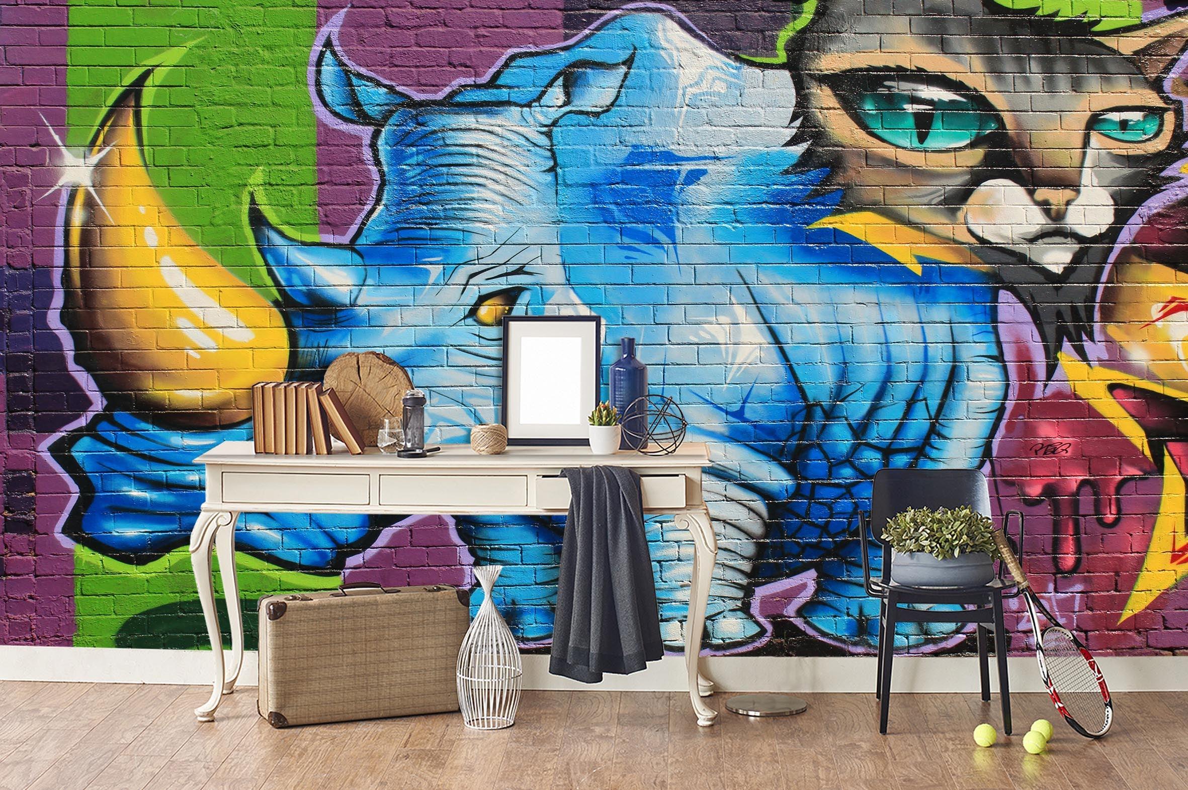 3D Blue Rhinoceros Cat Graffiti Wall Mural Wallpaper 75- Jess Art Decoration