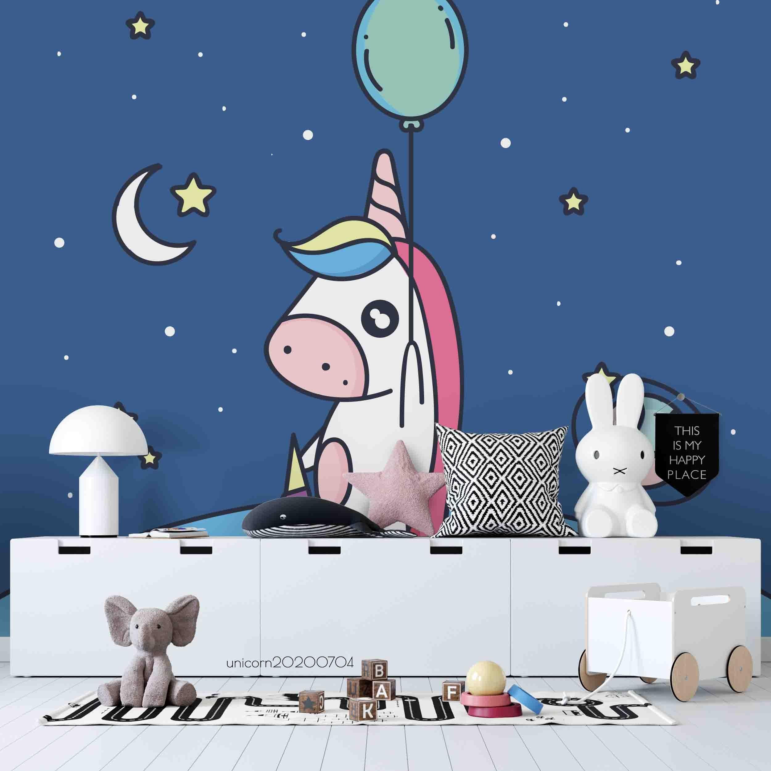 3D Cartoon Space Little Unicorn Blue Wall Mural Wallpaper LXL 198- Jess Art Decoration