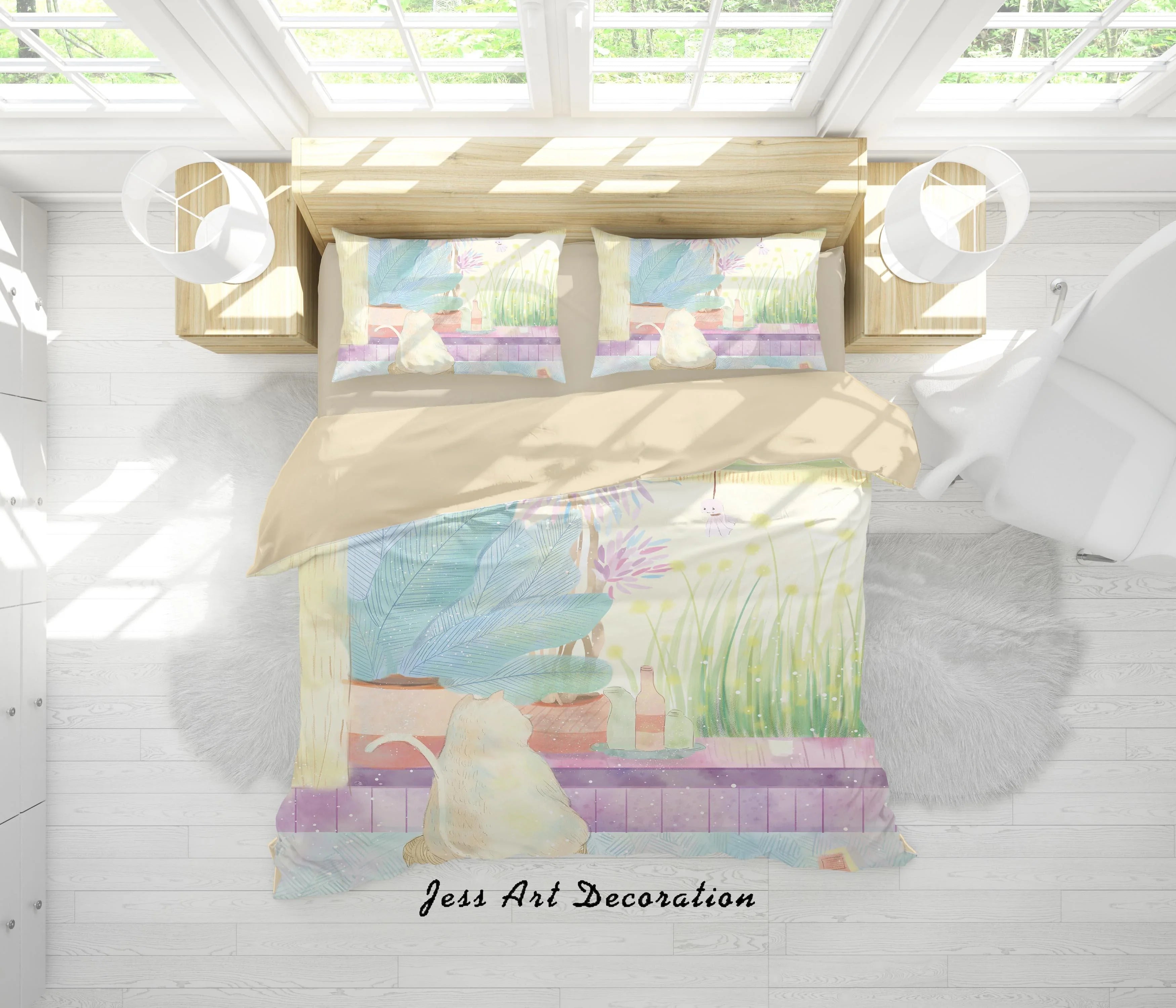 3D Cartoon Cat Leaf Flower Quilt Cover Set Bedding Set Duvet Cover Pillowcases A574 LQH- Jess Art Decoration