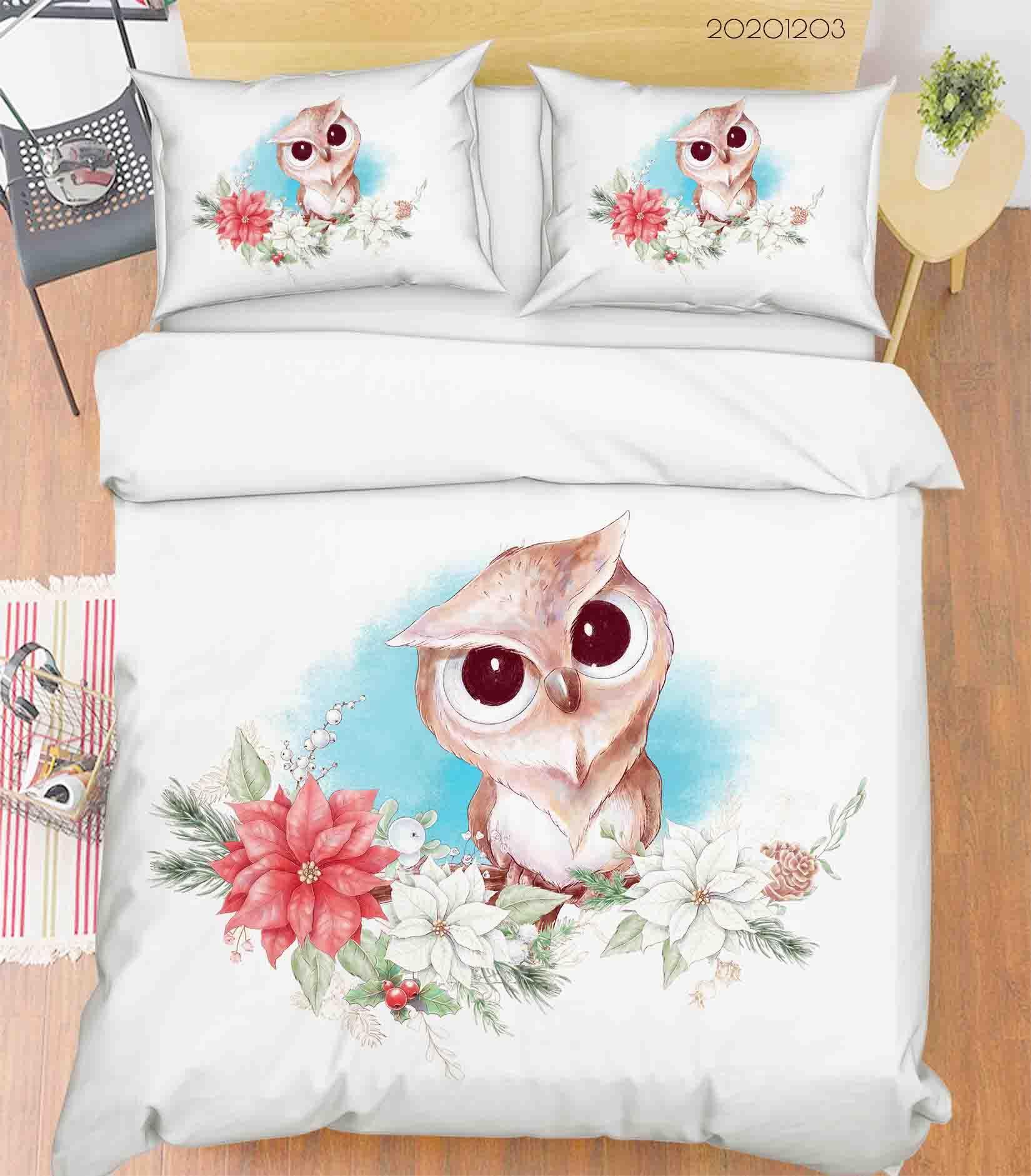 3D Cartoon Hand Drawn Owl Animal Floral Plant Quilt Cover Set Bedding Set Duvet Cover Pillowcases LXL- Jess Art Decoration