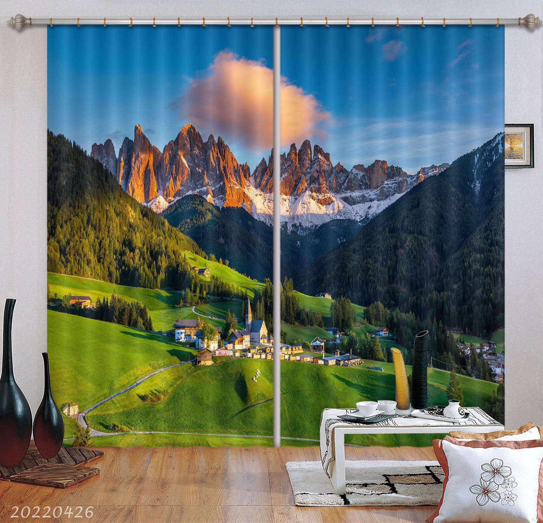 3D Landscape Mountain Green Woods Meadow Town Curtains and Drapes GD 4864- Jess Art Decoration