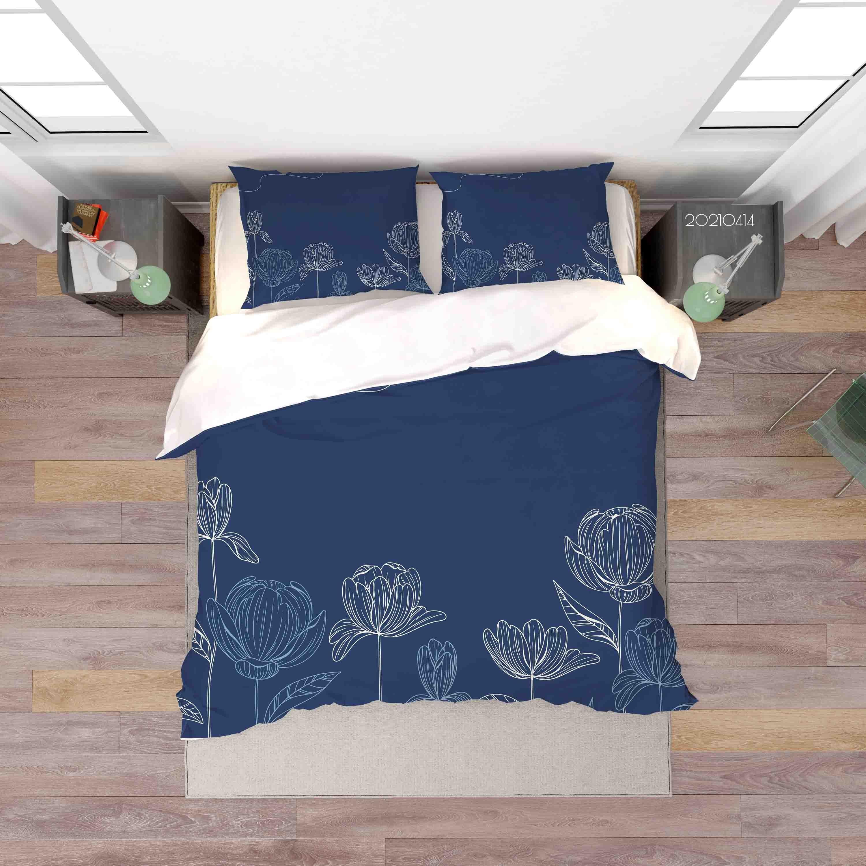 3D Hand Drawn Blue Lotus Floral Quilt Cover Set Bedding Set Duvet Cover Pillowcases 50- Jess Art Decoration