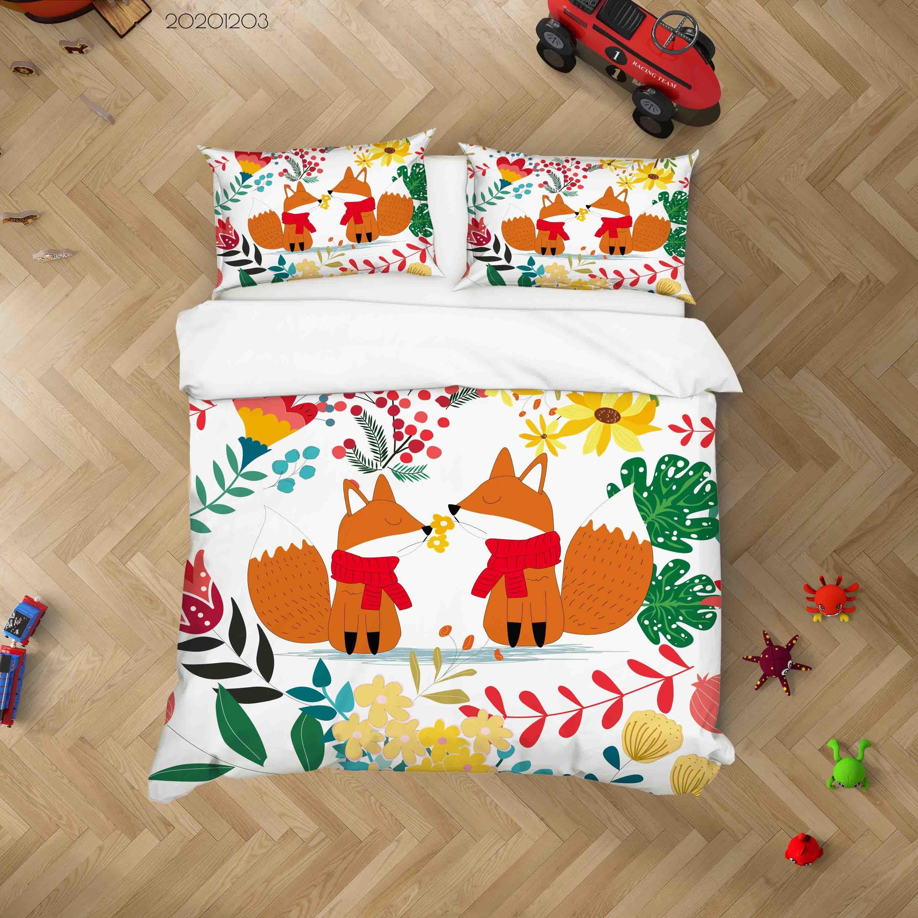 3D Cartoon Hand Drawn Colorful Floral Plant Fox Animal Quilt Cover Set Bedding Set Duvet Cover Pillowcases LXL- Jess Art Decoration