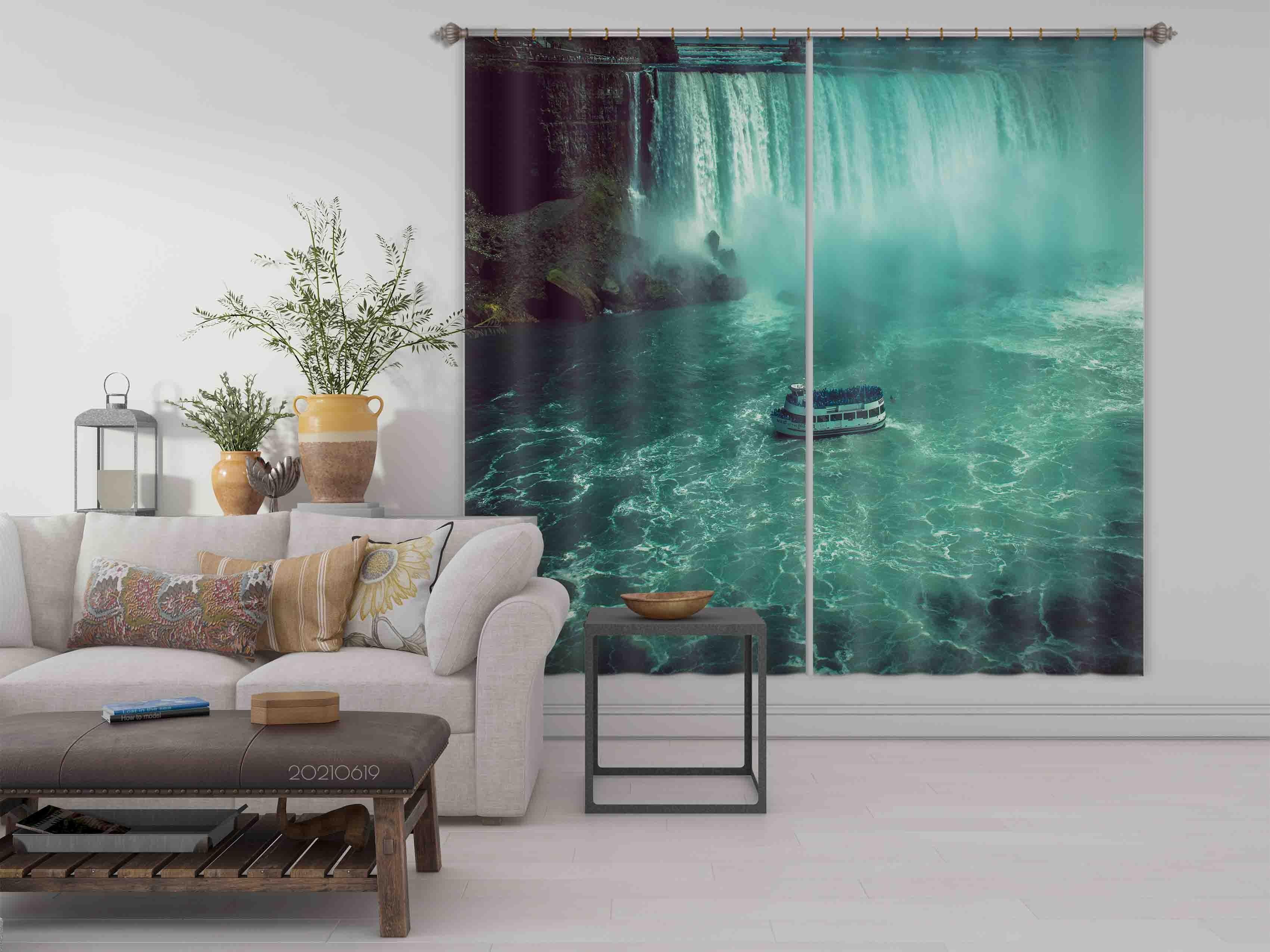 3D Waterfall Pond Water Boat Green Landscape Curtains and Drapes LLL 521- Jess Art Decoration