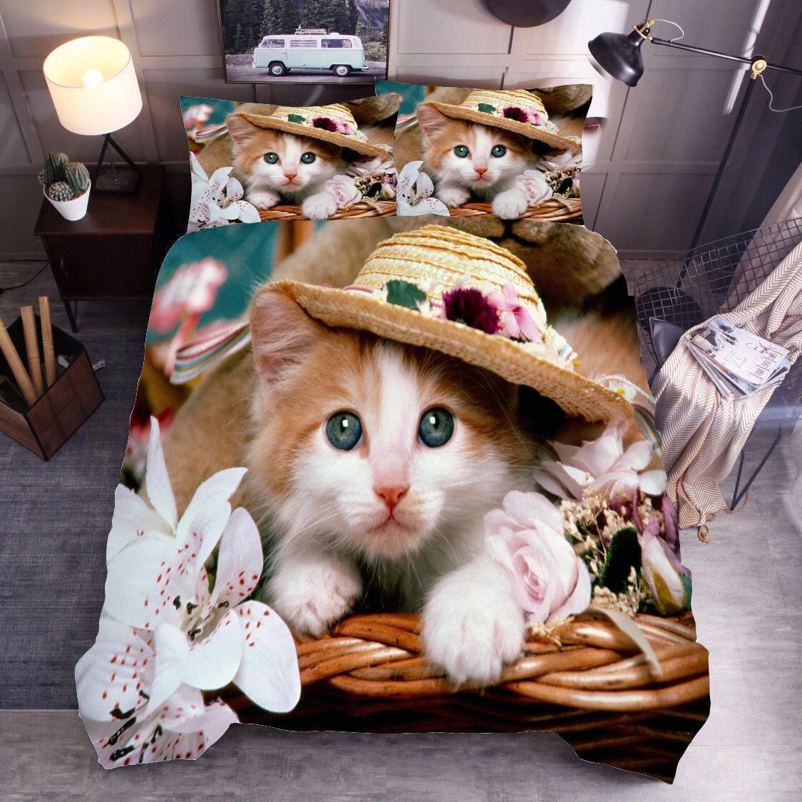 3D Cat Kitty Hat Flowers Quilt Cover Set Bedding Set Duvet Cover Pillowcases SF35- Jess Art Decoration