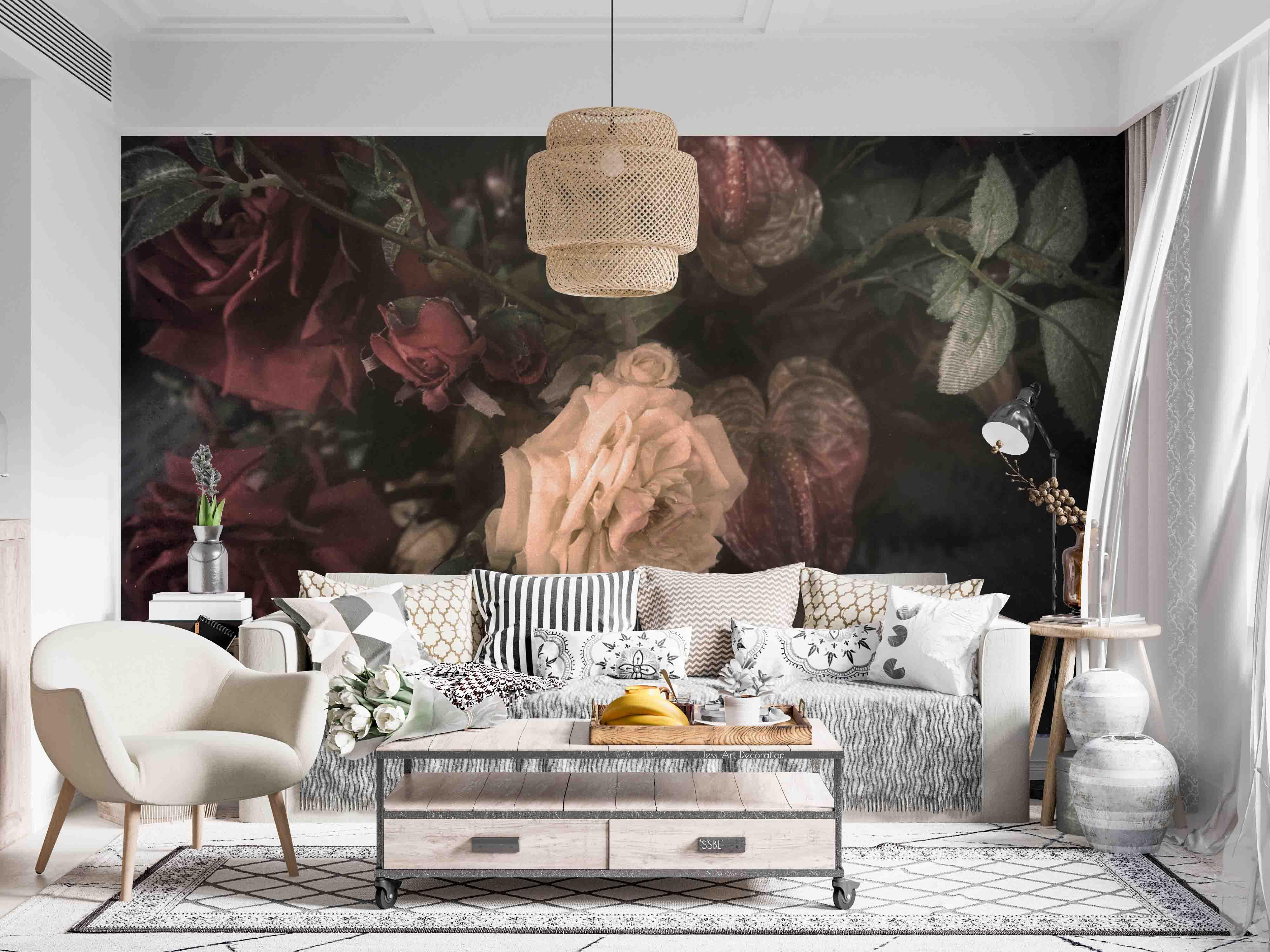 3D Vintage Baroque Art Blooming Rose Flower Green Leaf Wall Mural Wallpaper GD 3639- Jess Art Decoration