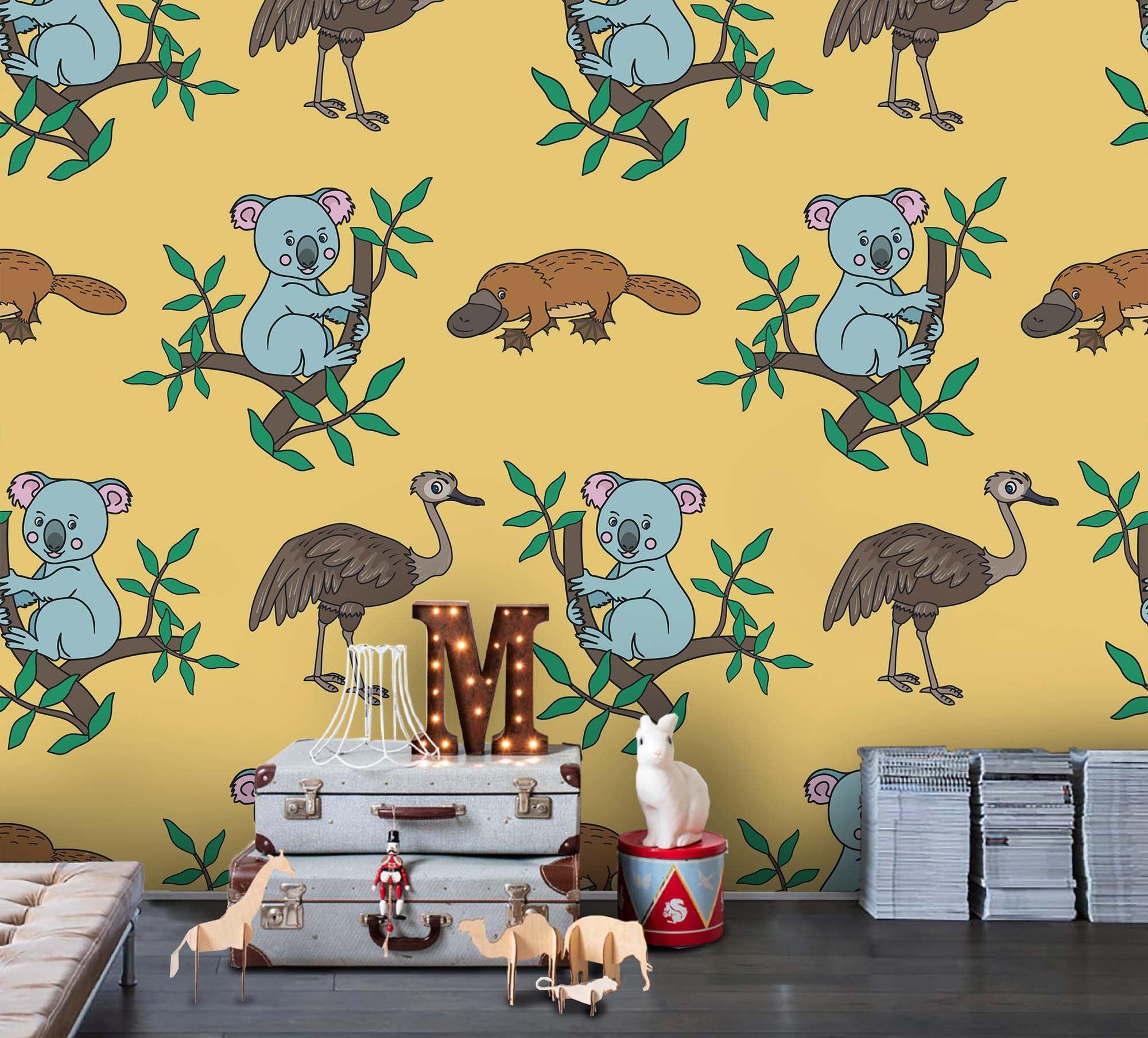3D Cartoon Koala Animal Yellow Wall Mural Wallpaper A165 LQH- Jess Art Decoration