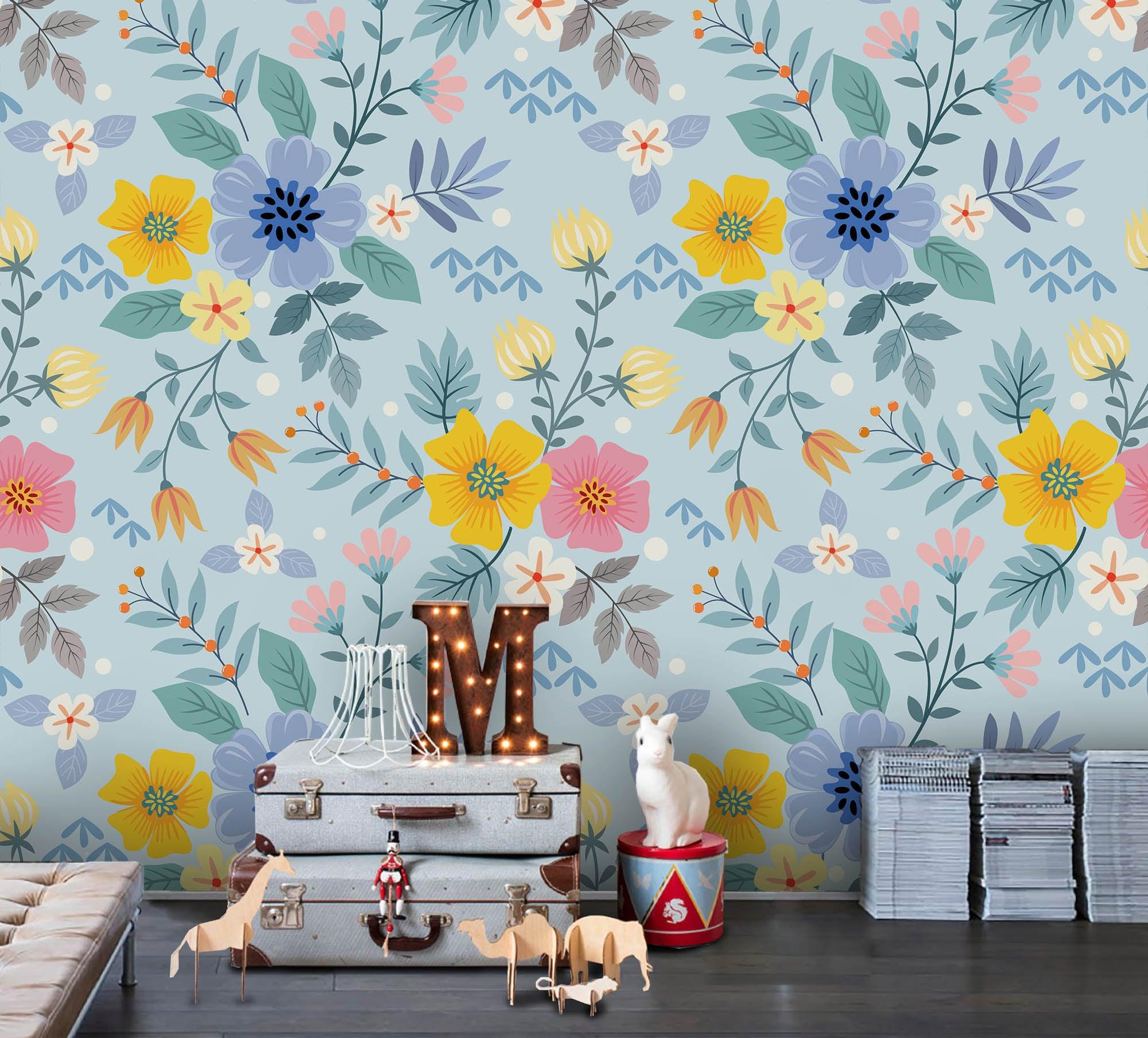 3D Blue Floral Pattern Wall Mural Wallpaper 1- Jess Art Decoration