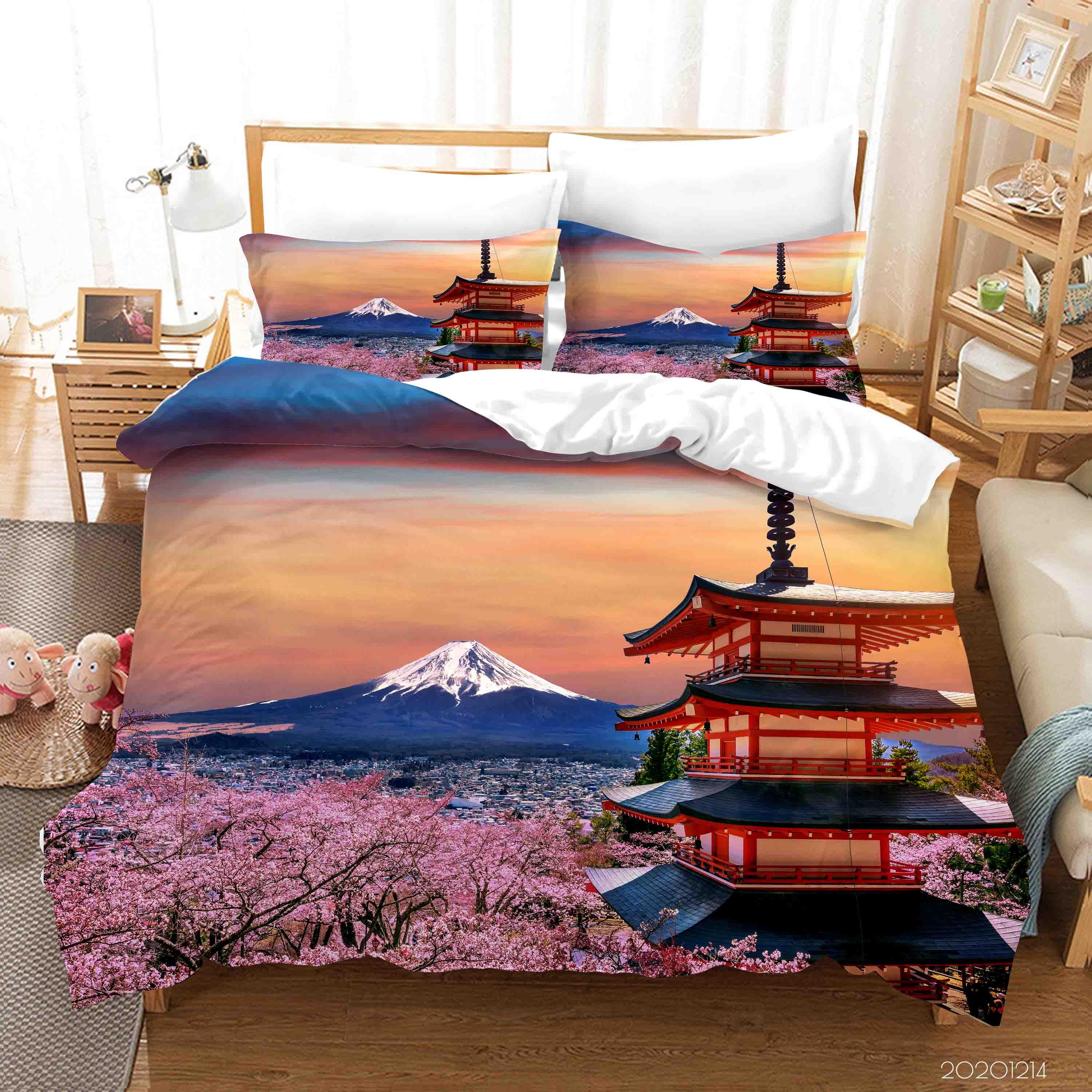 3D Landscape Japan Fuji Mountain Ancient Architecture Pink Cherry Blossom Floral Quilt Cover Set Bedding Set Duvet Cover Pillowcases LXL- Jess Art Decoration