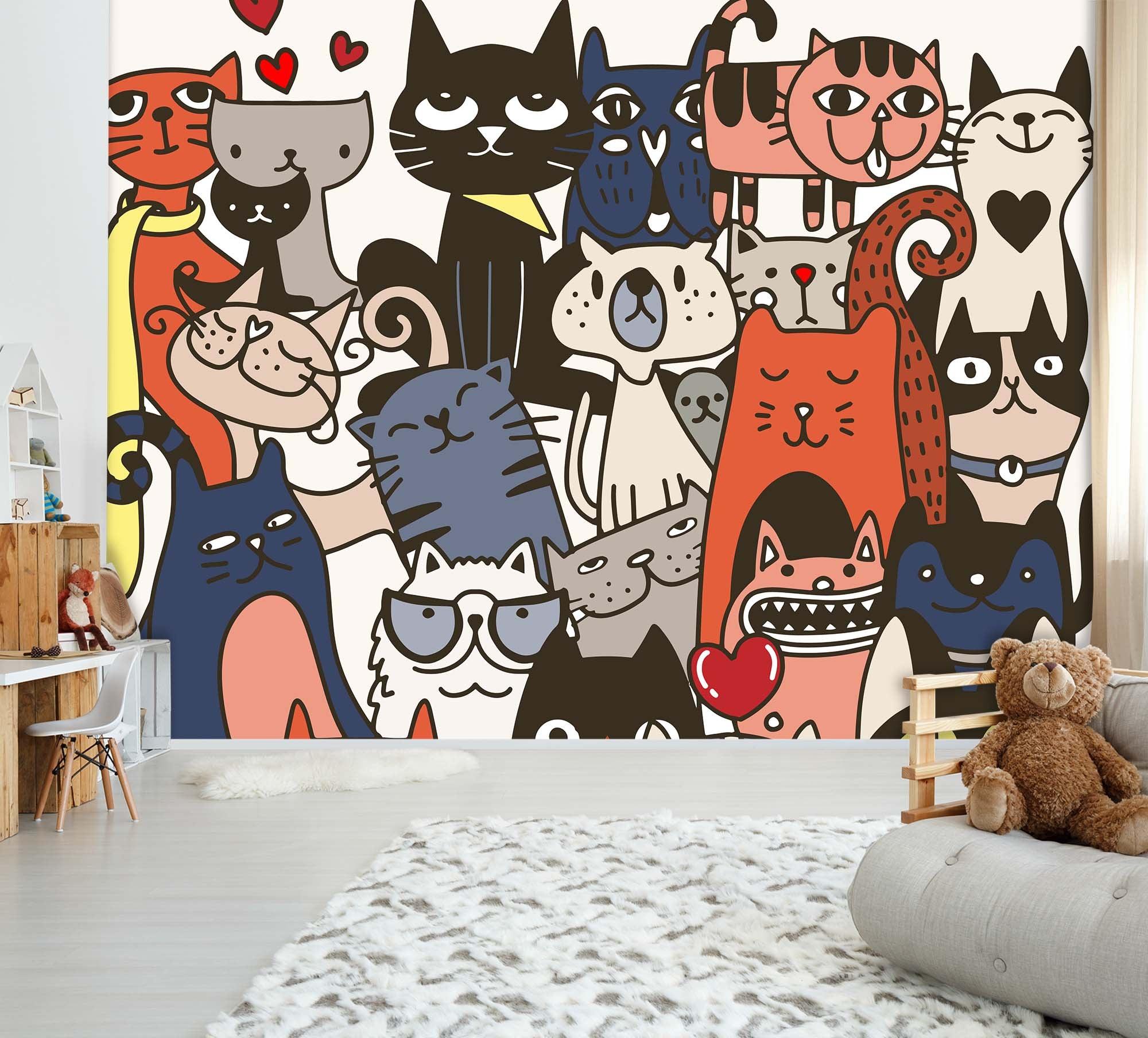 3D Cartoon Cat Kitty Wall Mural Wallpaper SF79- Jess Art Decoration