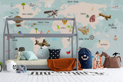 3D Cartoon Vehicle Animal World Map Background Wall Mural Wallpaper GD 1968- Jess Art Decoration