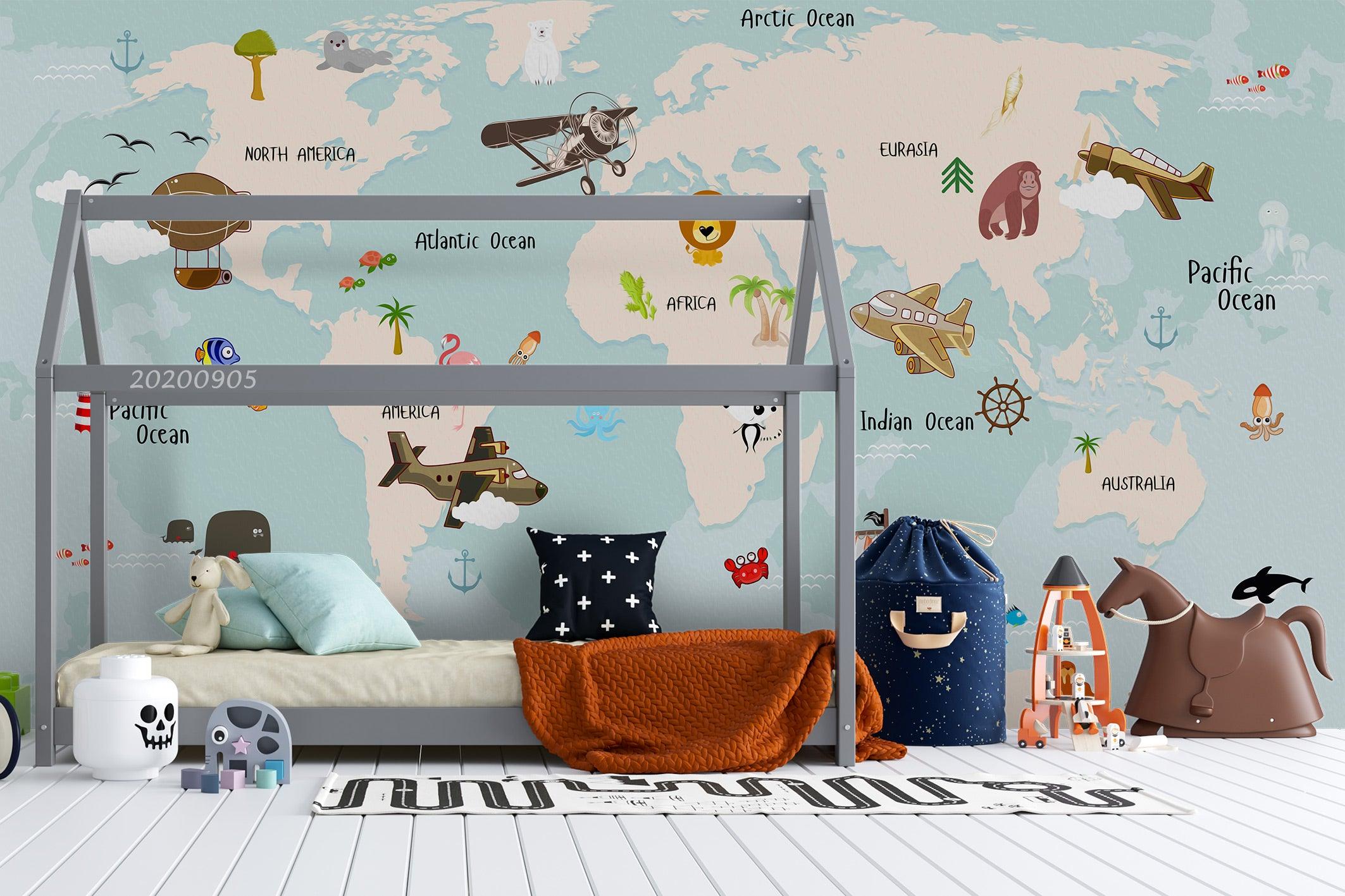 3D Cartoon Vehicle Animal World Map Background Wall Mural Wallpaper GD 1968- Jess Art Decoration