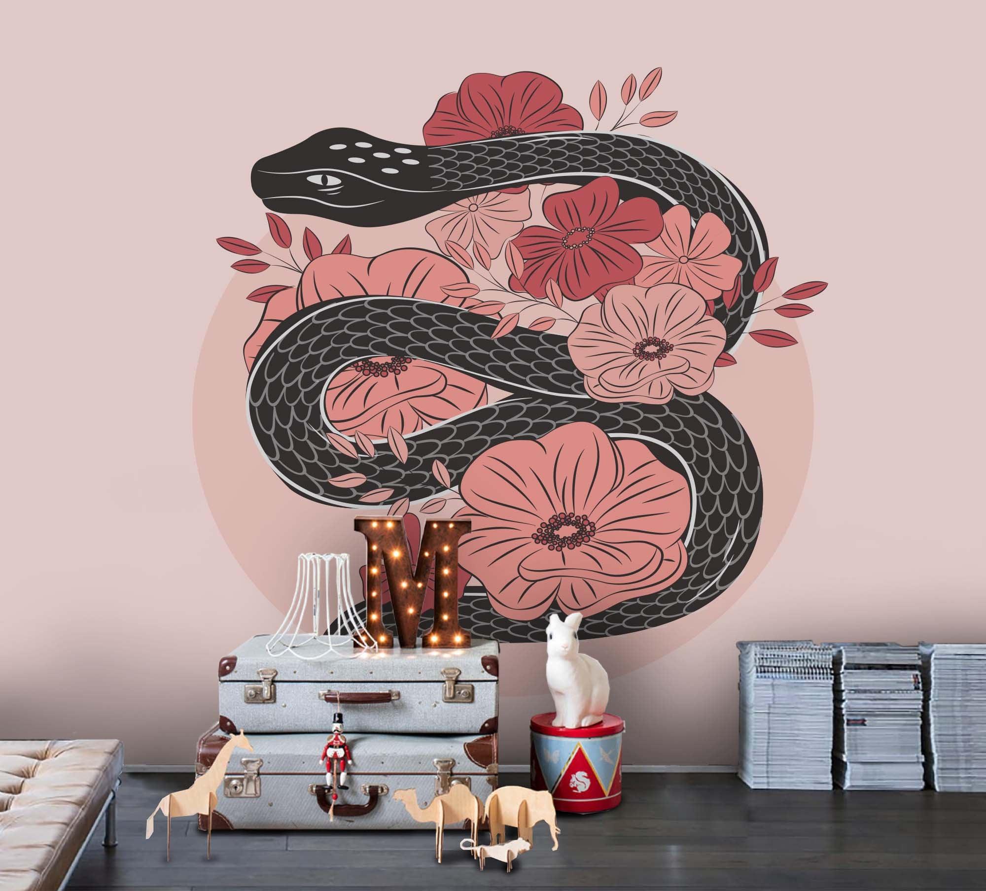 3D Black Snake Pink Floral Wall Mural Wallpaper 108 LQH- Jess Art Decoration