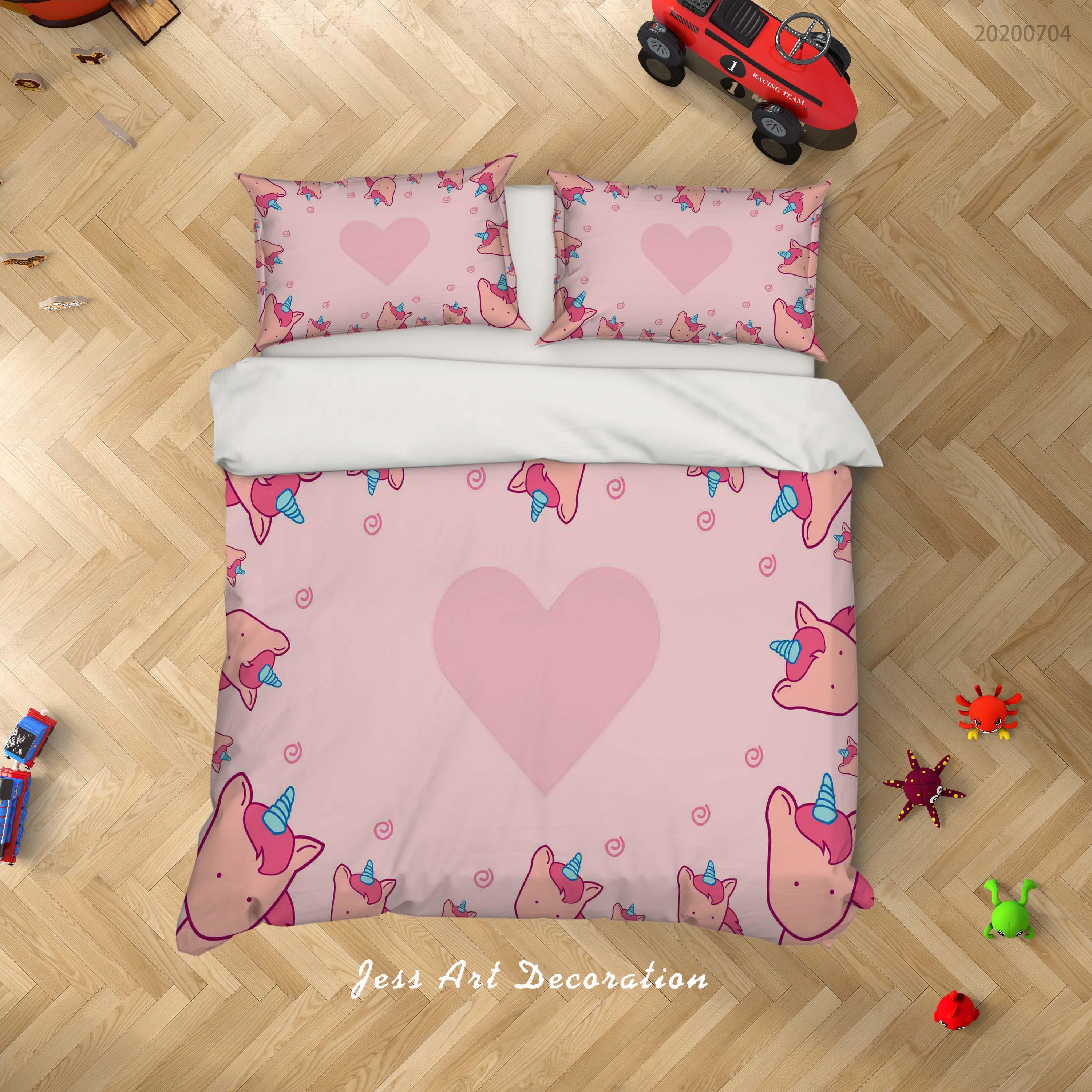 3D Pink Heart Unicorn Quilt Cover Set Bedding Set Duvet Cover Pillowcases SF15- Jess Art Decoration