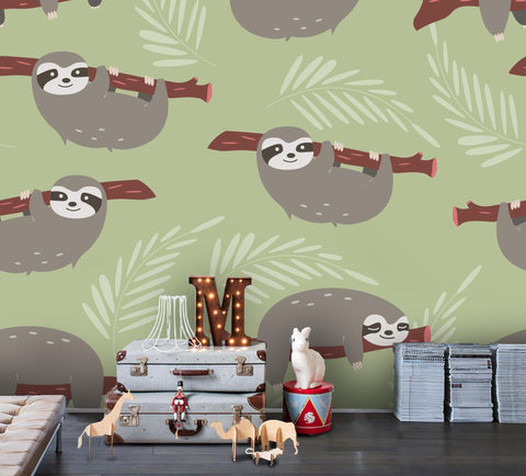 3D Cartoon Sloth Green Wall Mural Wallpaper 30- Jess Art Decoration