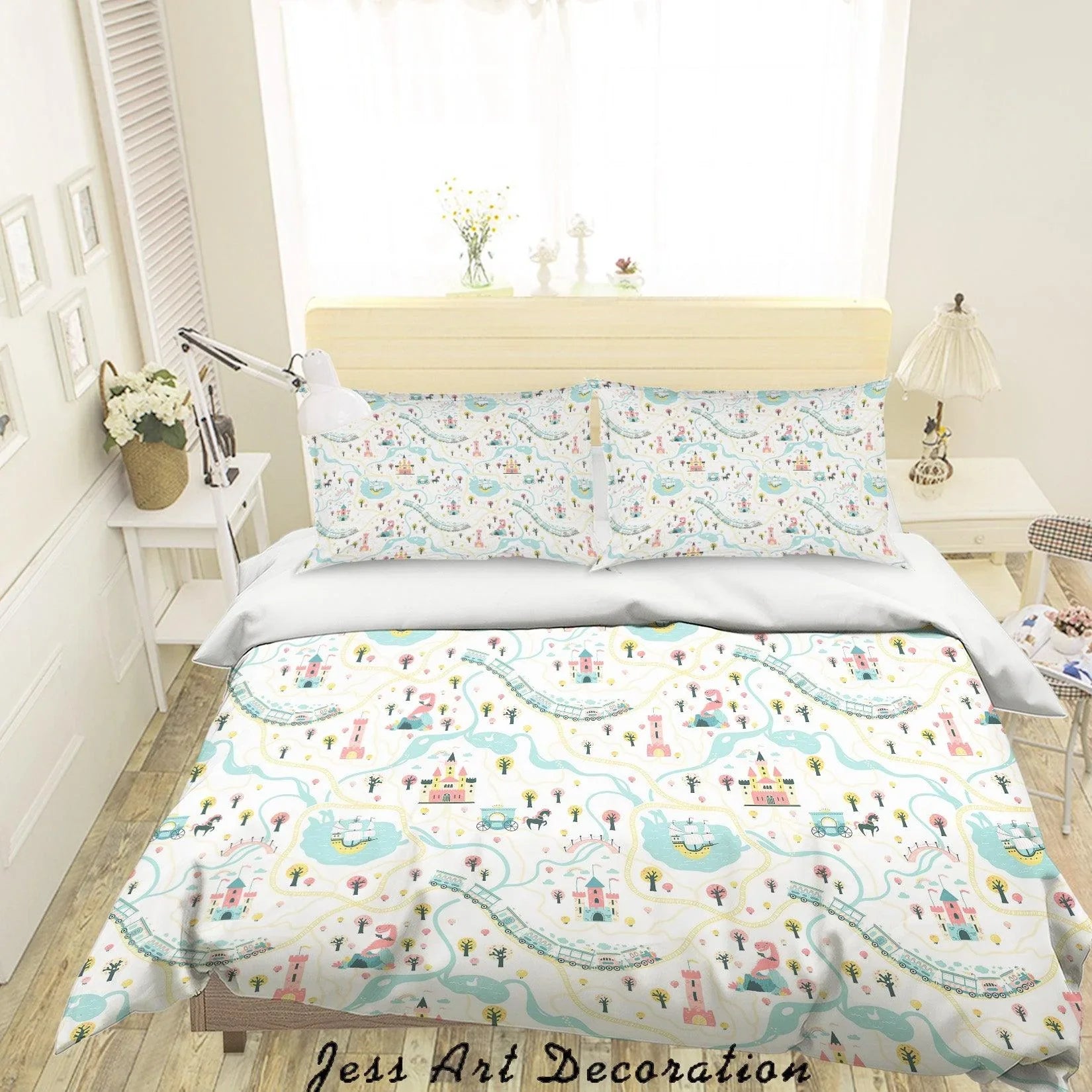 3D Cartoon Castle Train Quilt Cover Set Bedding Set Duvet Cover Pillowcases A045 LQH- Jess Art Decoration