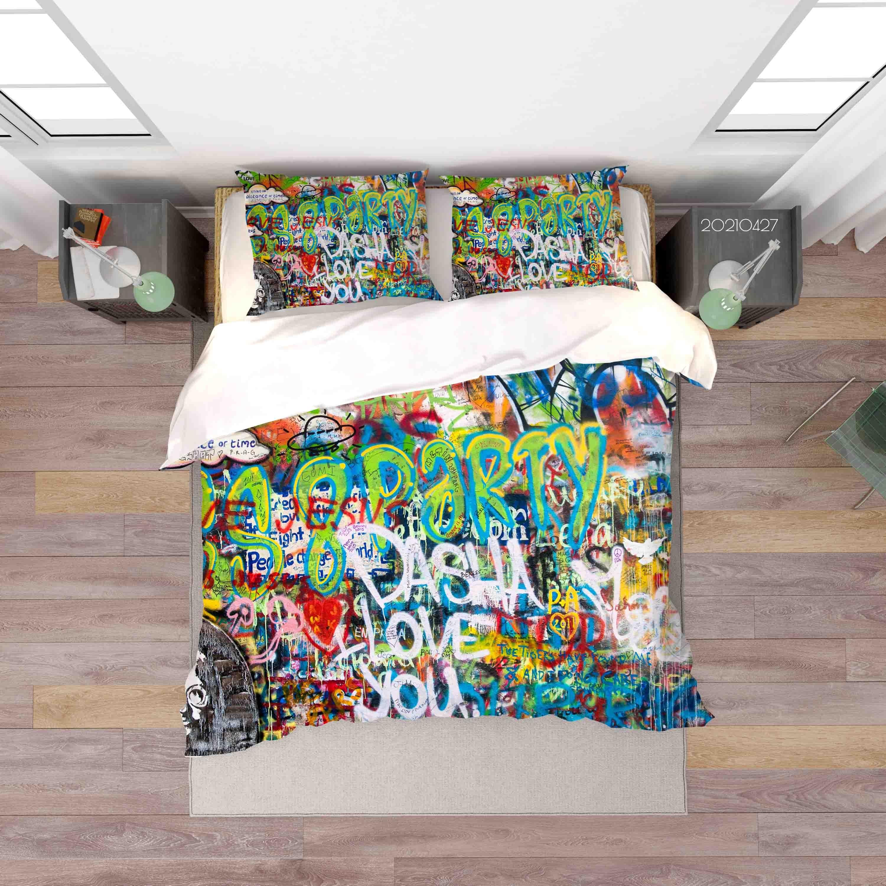 3D Abstract Colored Street Graffiti Quilt Cover Set Bedding Set Duvet Cover Pillowcases 152- Jess Art Decoration