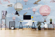 3D Cartoon Blue Sky Airplane Hot Air Balloon Flowers Wall Mural Wallpaper ZY D33- Jess Art Decoration