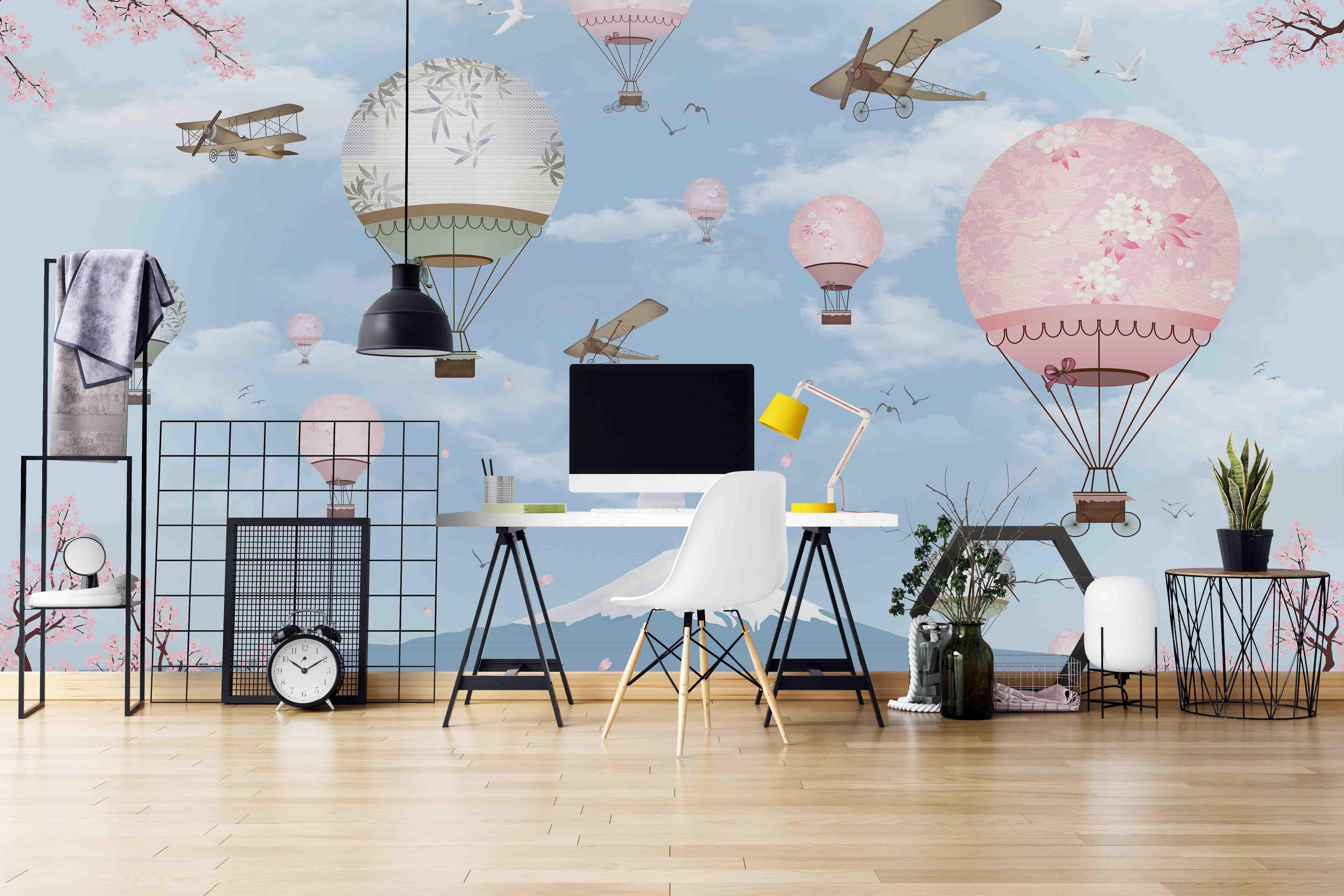3D Cartoon Blue Sky Airplane Hot Air Balloon Flowers Wall Mural Wallpaper ZY D33- Jess Art Decoration
