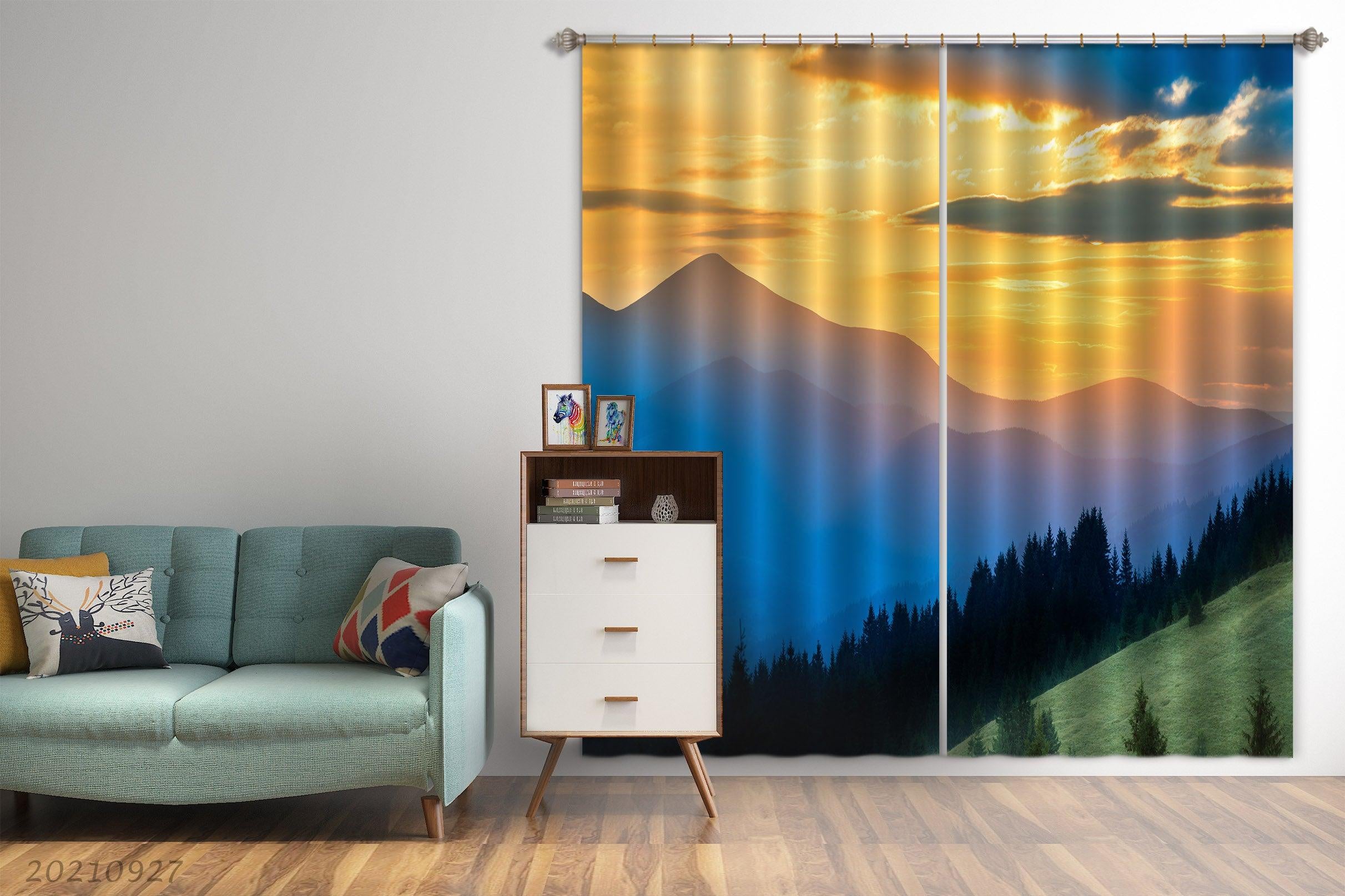 3D Sunset Sky Mountain Forest Landscape Curtains and Drapes LQH 229- Jess Art Decoration