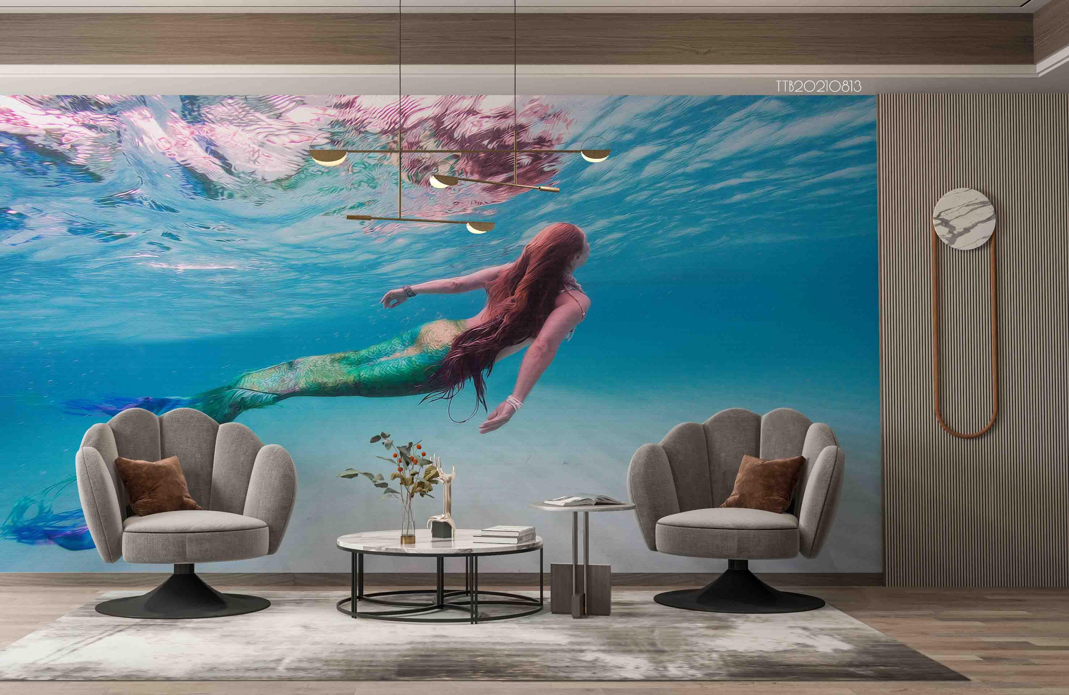 3D Hand-painted Blue Oceans Mermaid Wall Mural Wallpaper SWW5091- Jess Art Decoration