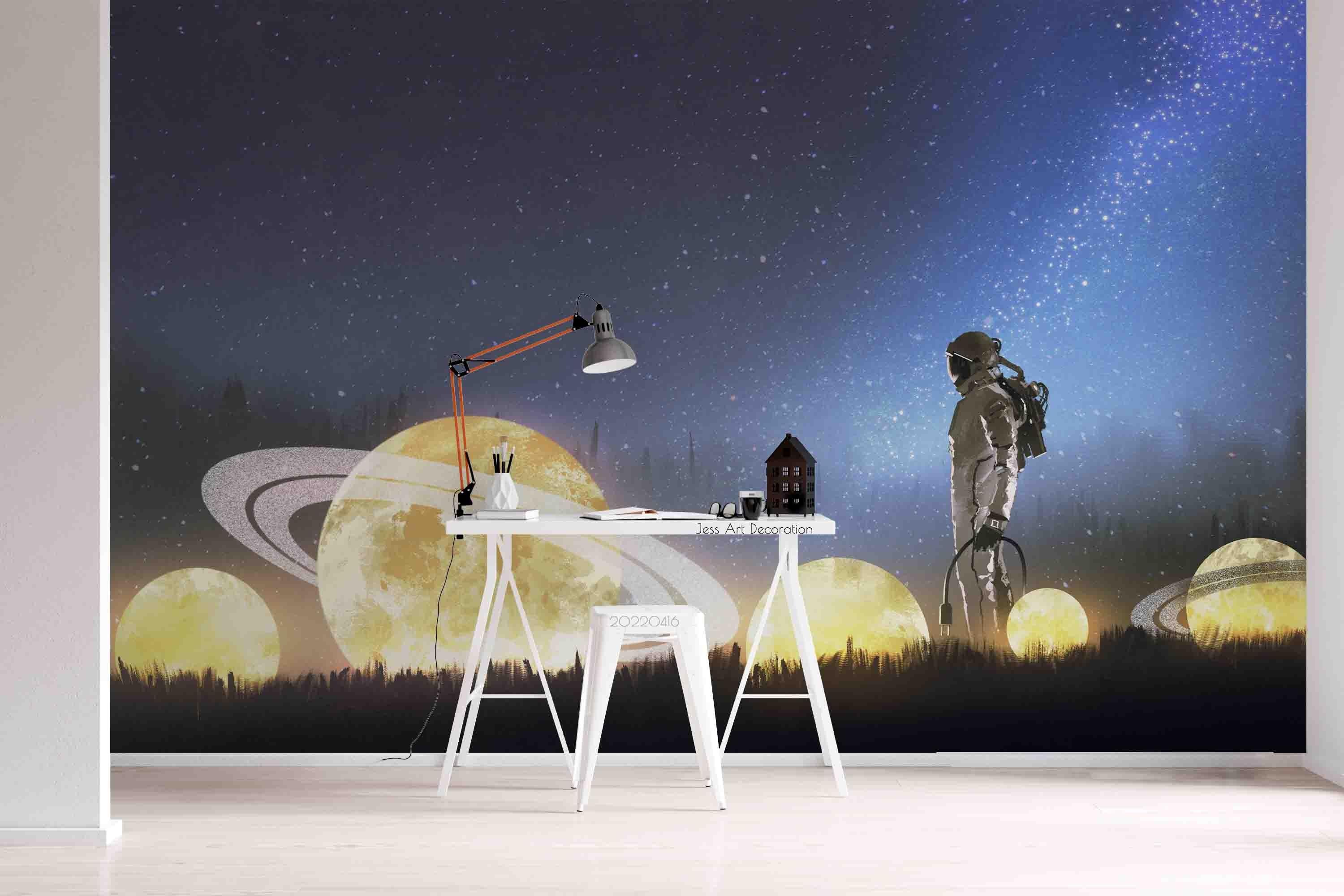 3D Astronaut Stars Planet Grass Artistic Painting Wall Mural Wallpaper GD 4261- Jess Art Decoration