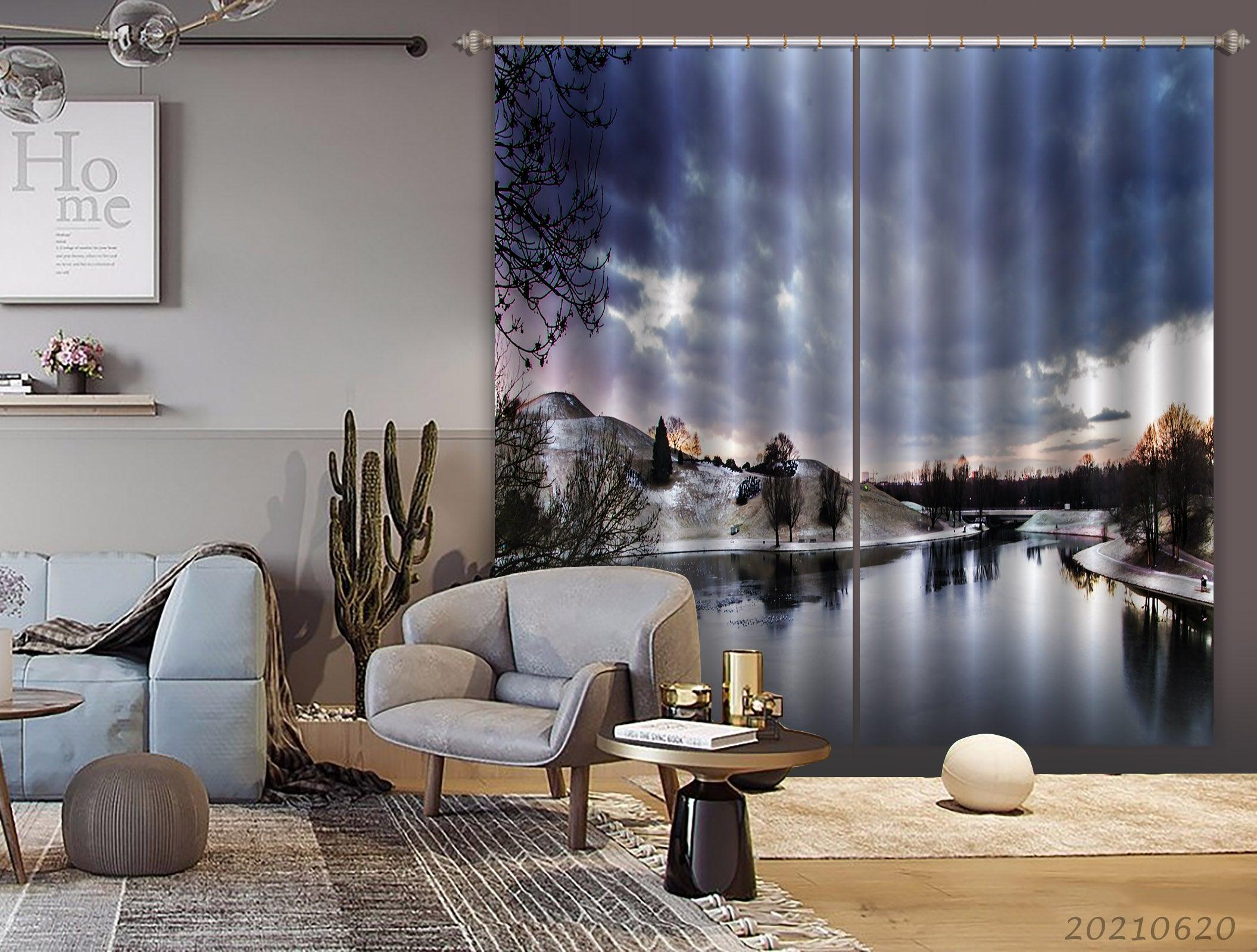 3D Winter River Hill Woods Scenery Curtains and Drapes GD 817- Jess Art Decoration