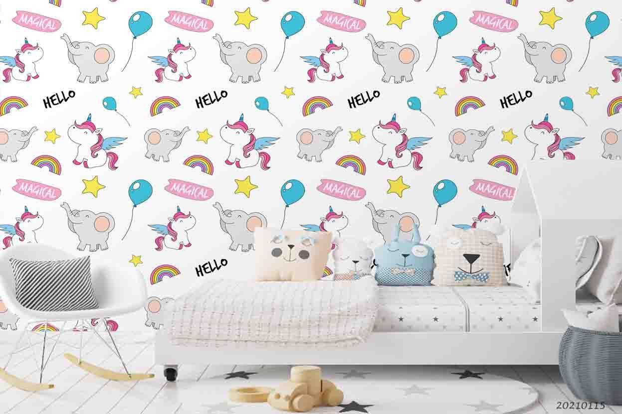 3D Cartoon Animal Unicorn Elephant Rainbow Wall Mural Wallpaper LQH 52- Jess Art Decoration