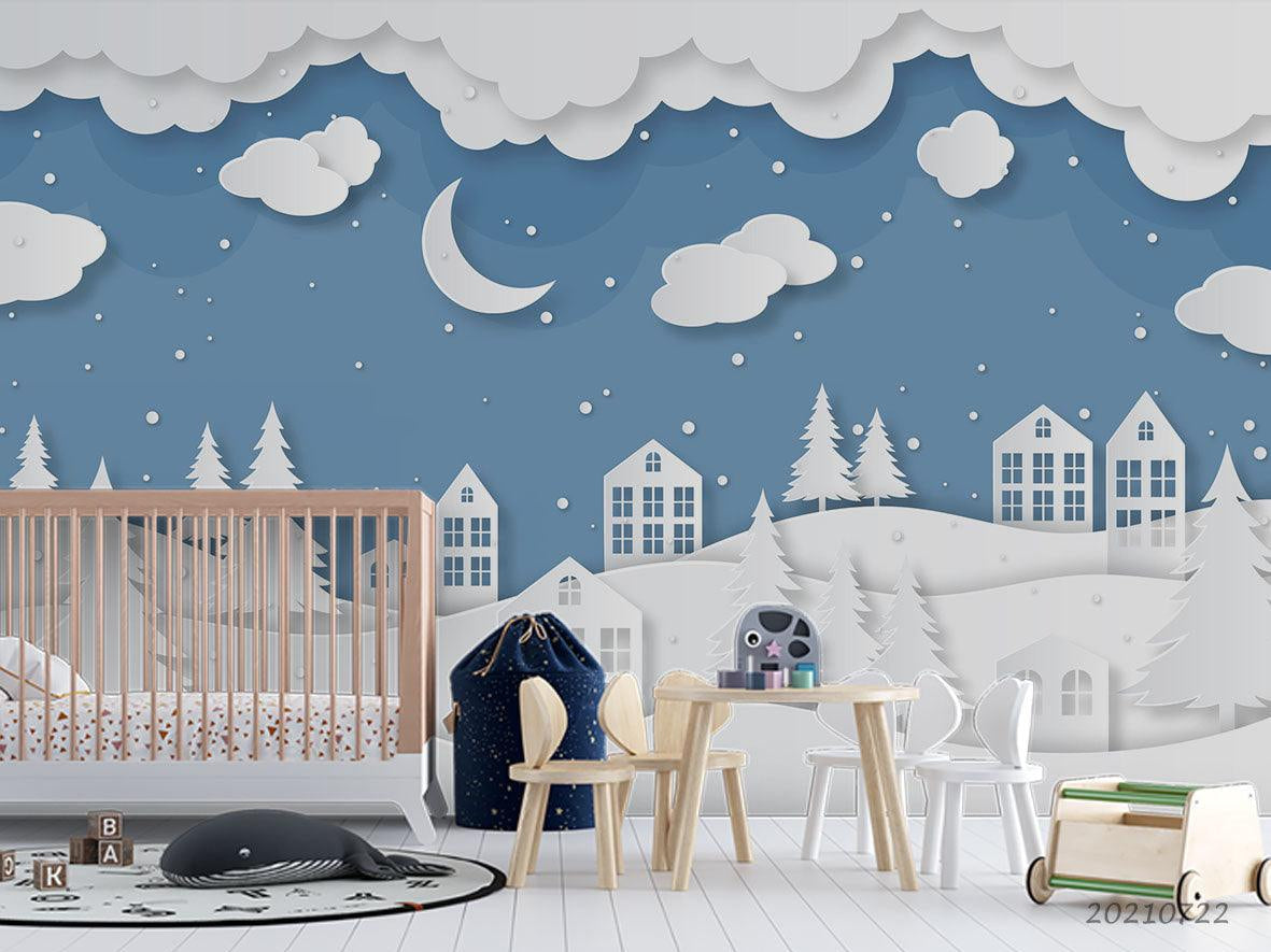 3D  Cartoon Cloud House Forest Winter Wall Mural Wallpaper LQH 687- Jess Art Decoration