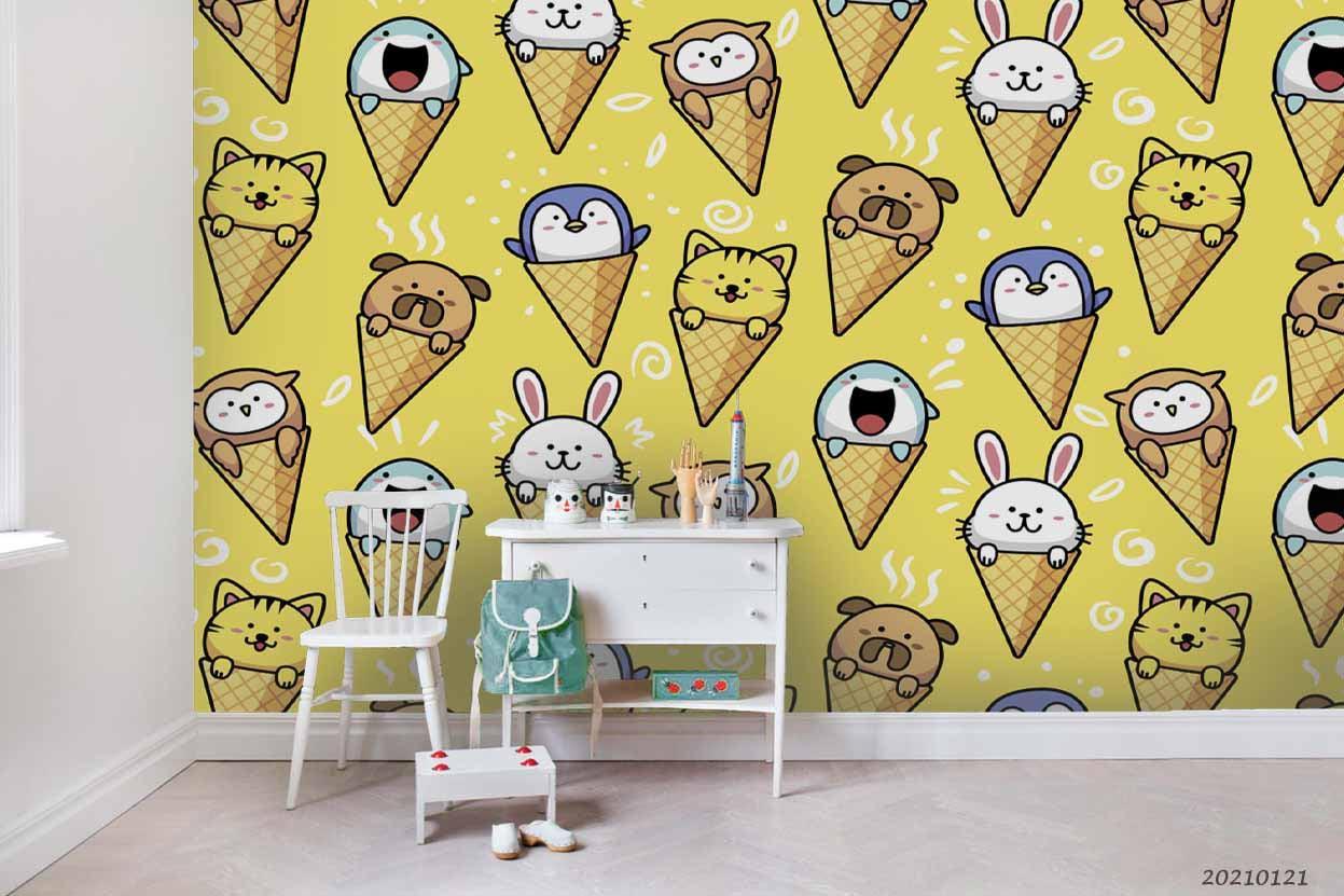 3D Cartoon Animal Ice Cream Yellow Wall Mural Wallpaper LQH 24- Jess Art Decoration