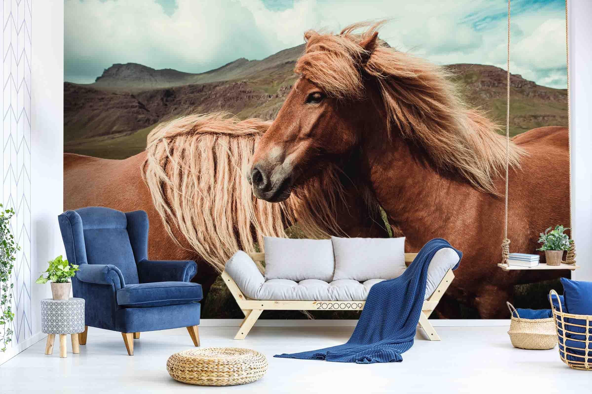 3D Cloud Green Mountain Horse Animal Wall Mural Wallpaper LXL- Jess Art Decoration