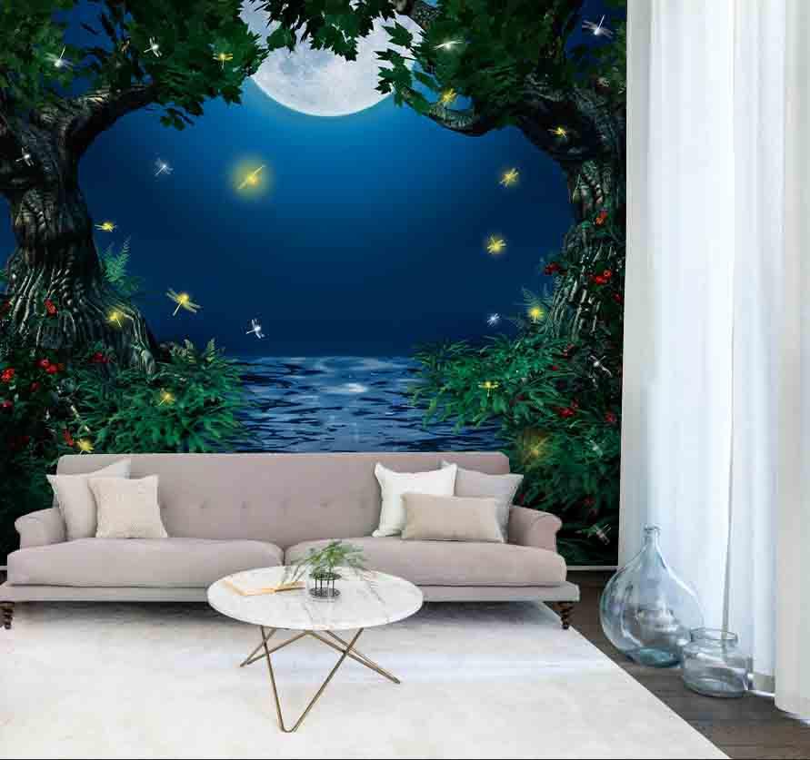 3D Tree Moon Dragonfly Night Wall Mural Wallpaper 09- Jess Art Decoration