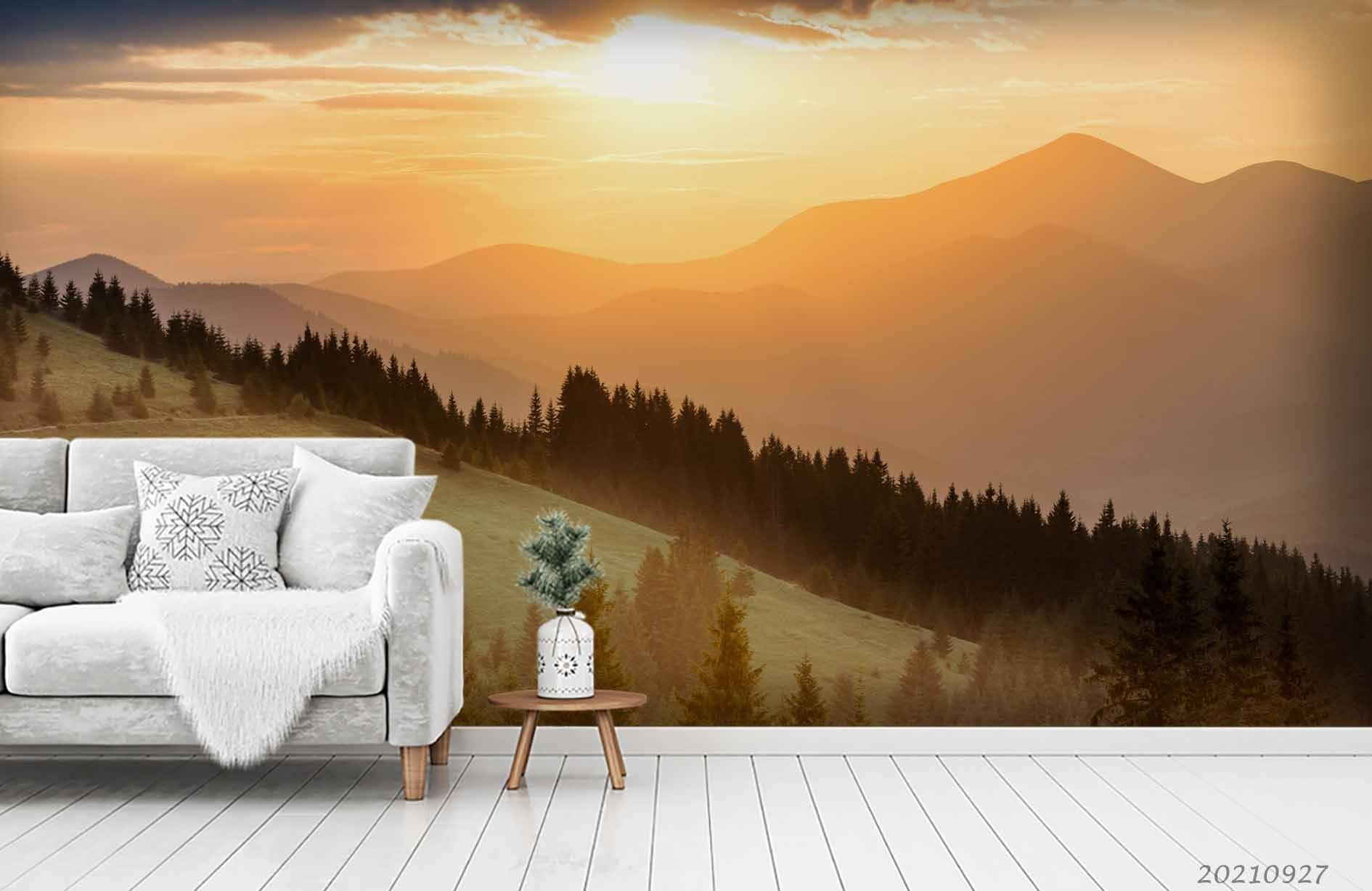 3D Sunset Sky Mountain Forest Landscape Wall Mural Wallpaper LQH 58- Jess Art Decoration