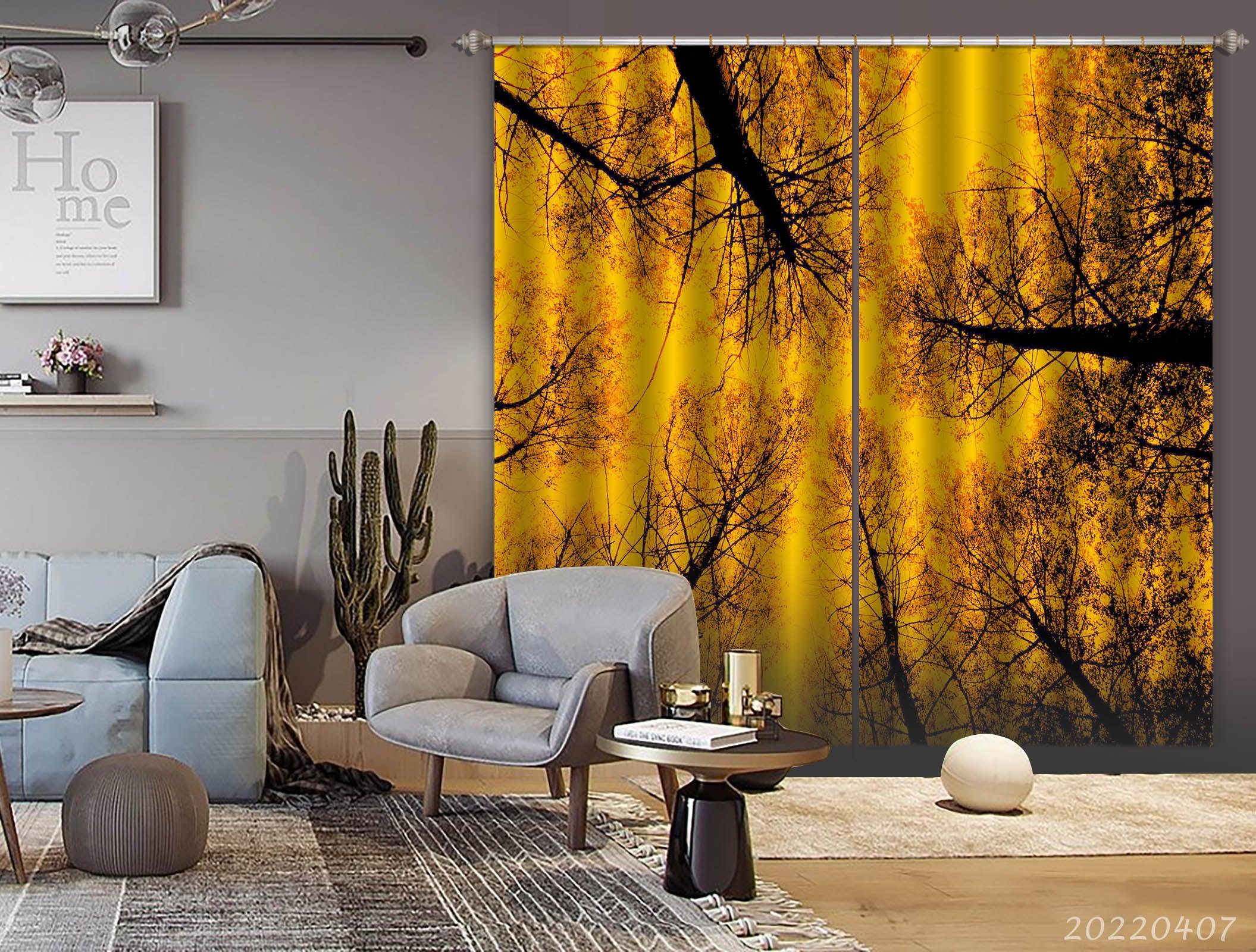 3D Tree Branch Yellow Sunset Curtains and Drapes GD 3472- Jess Art Decoration