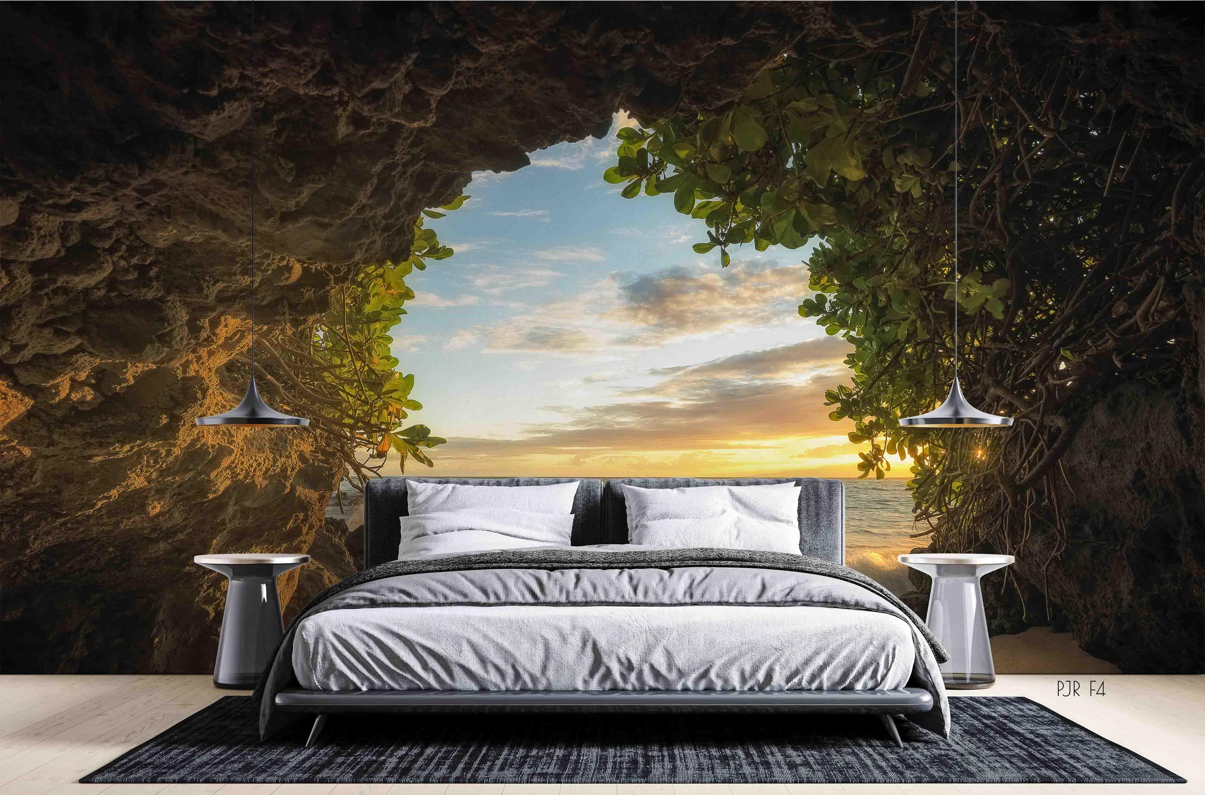 3D Cave Sunset Nature cave sunset coastal landscape wall mural wallpaper for bedroom