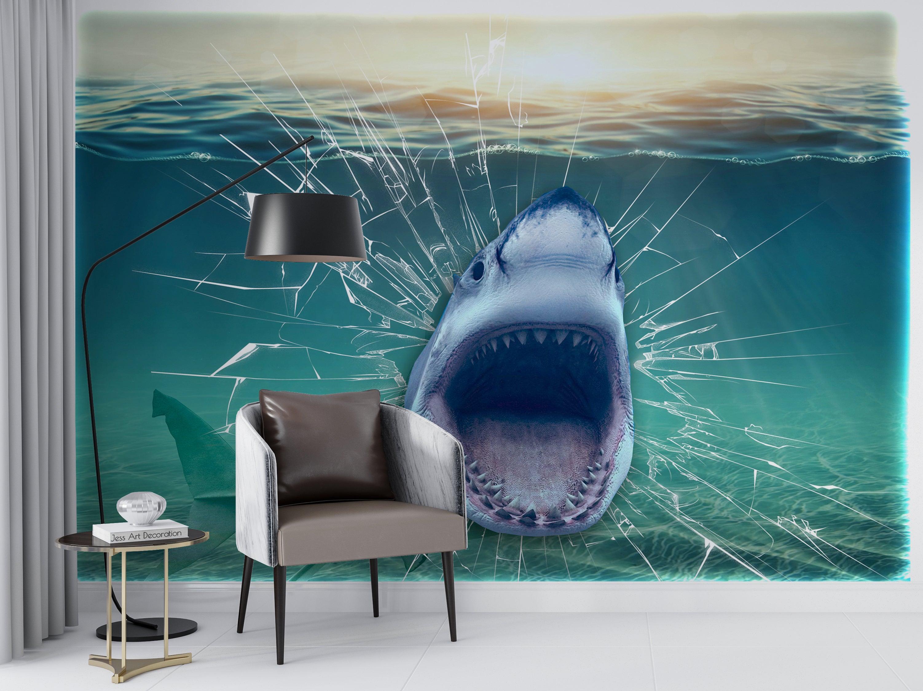 3D Glass Tank Crack Shark Mouth Wall Mural Wallpaper GD 2572- Jess Art Decoration