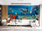 3D Hand-painted Cartoon Underwater World Fish Dolphin Coral Wall Mural Wallpaper 5089- Jess Art Decoration