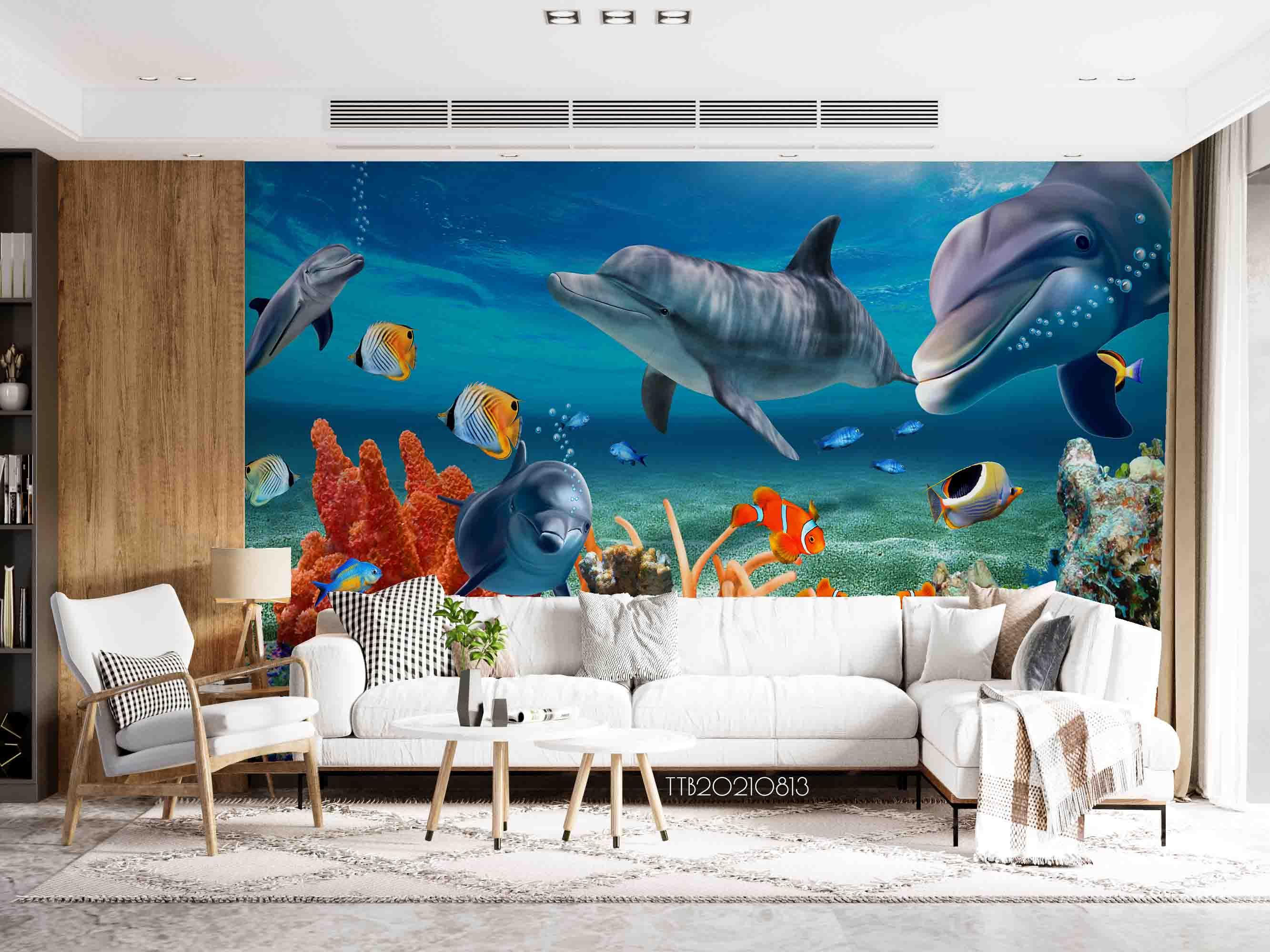 3D Hand-painted Cartoon Underwater World Fish Dolphin Coral Wall Mural Wallpaper 5089- Jess Art Decoration