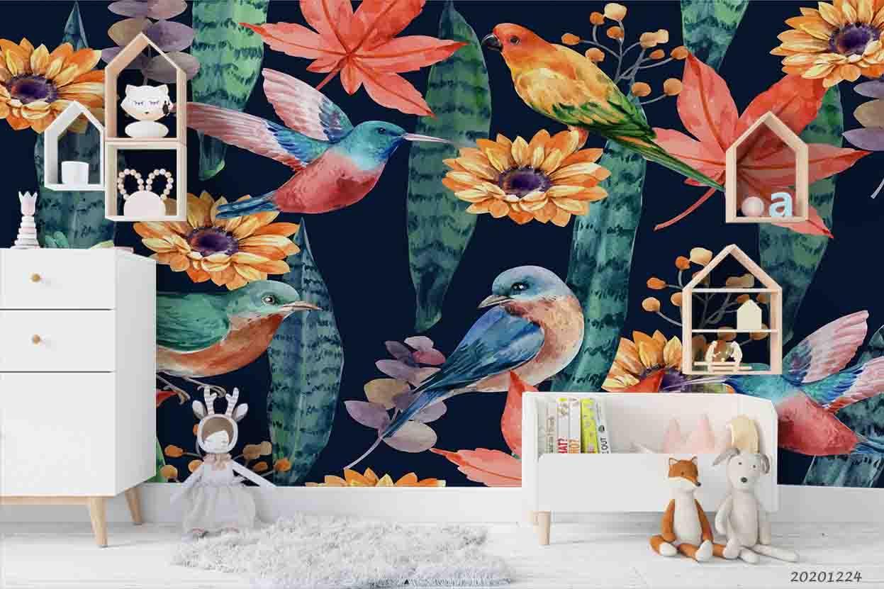 3D Tropical Plant Leaf Floral Bird Wall Mural Wallpaper LQH 10- Jess Art Decoration