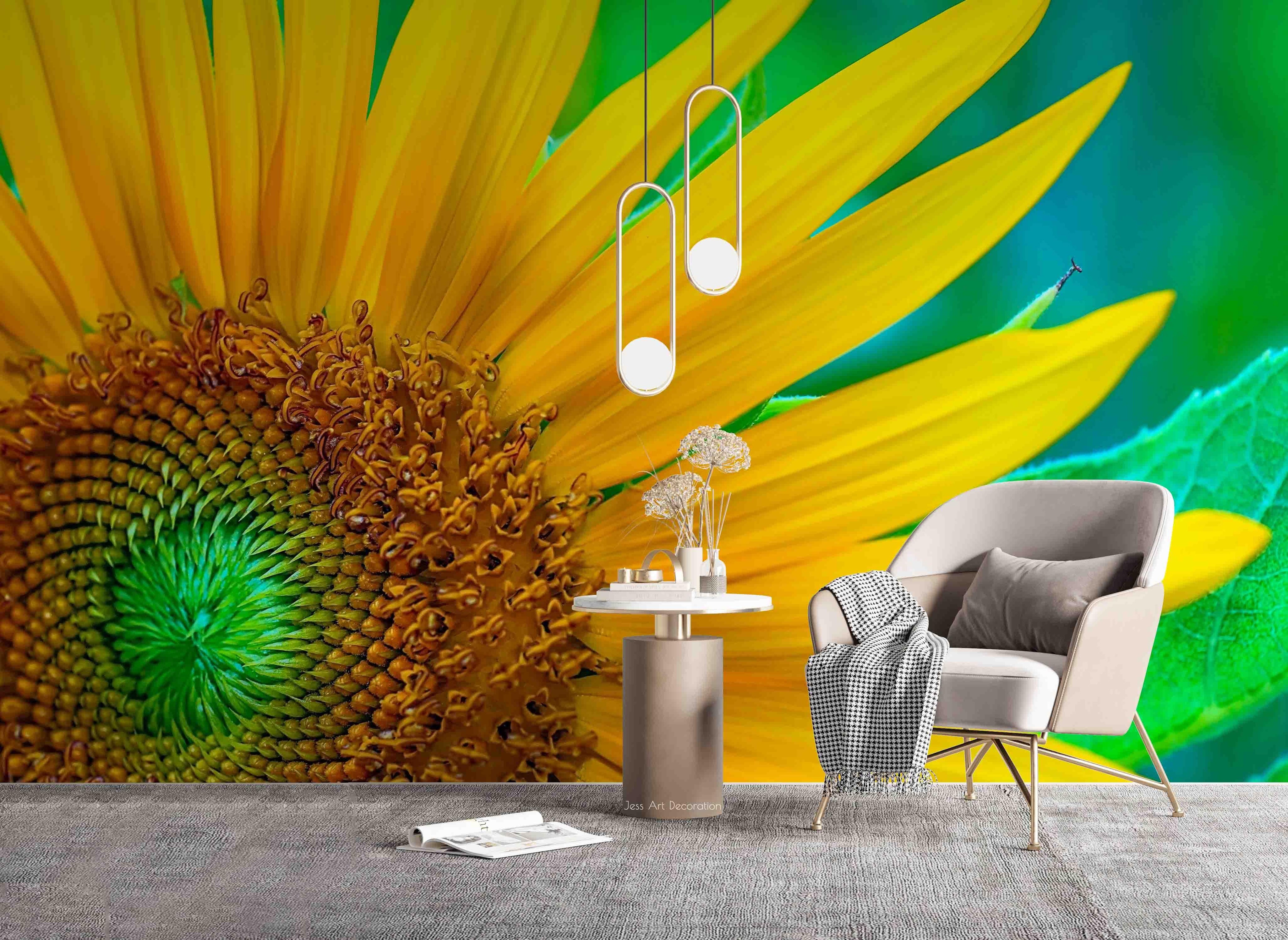 3D Golden Sunflower Green Leaf Wall Mural Wallpaper GD 2422- Jess Art Decoration